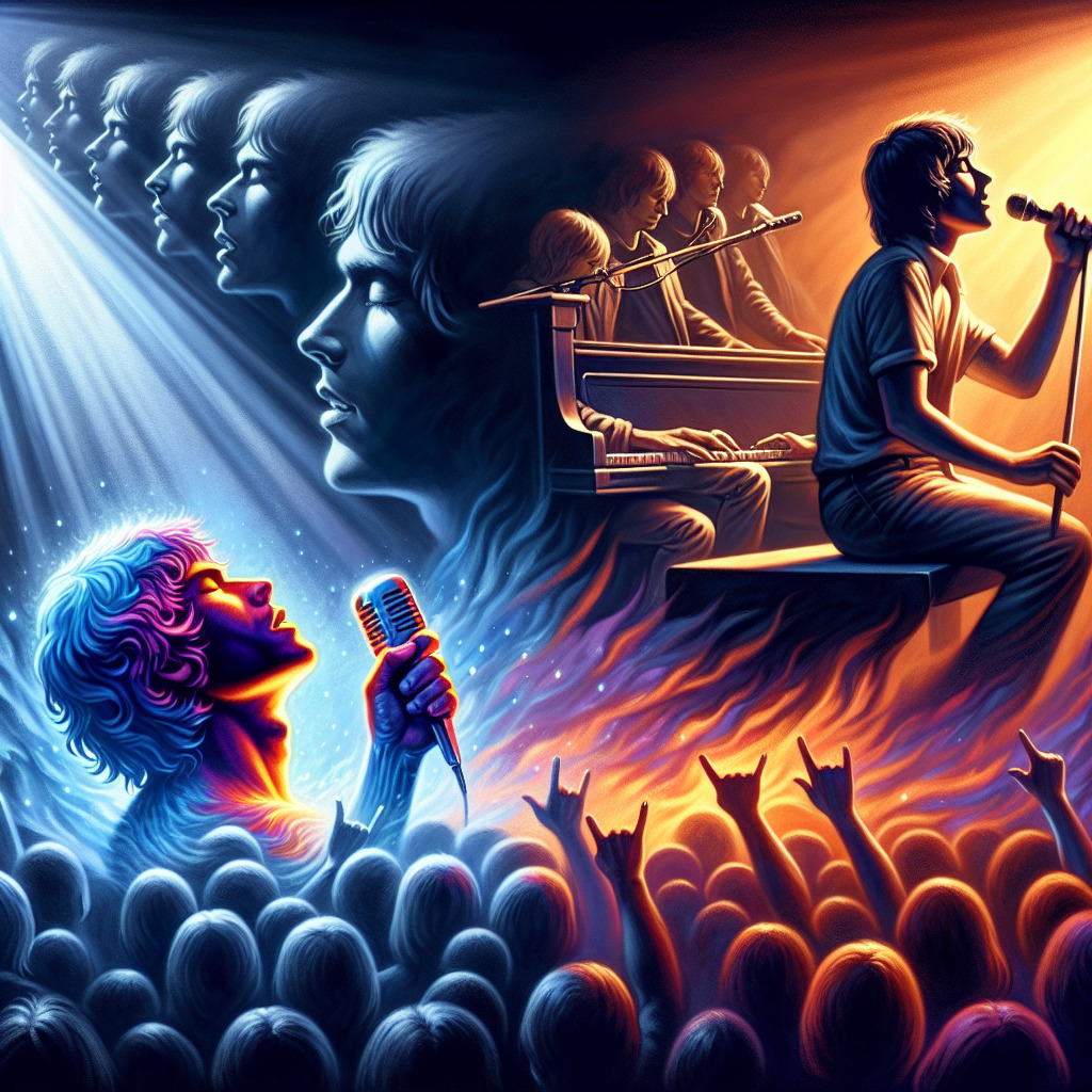 Prompt for Image Generation:

Visualize a grand scene of a 1970s rock concert, a sea of captivated fans swaying, lost in the music. In the center of this electric atmosphere, create the legendary rock band, Deep Purple. The lead vocalist, Ian Gillan, stands with a microphone, his expressive face illuminated in the spotlight, conveying a story of despair and contemplation through his powerful voice. A melancholic piano sits in the background, its keys glistening under the stage lights as it sets the emotional rhythm of the masterpiece, "Child in Time".

Transition the scene to show the duality of human nature represented in the song- a contrast of shadows and light, good and evil. Perhaps, a symbolic visualization of a child standing on the threshold of time, looking at two diverging paths. One path is vibrant, bathed in light and the other shrouded in darkness, representing the consequences of our actions.

Incorporate elements of hard rock, progressive, and bluesy motifs swirling around the band, distinguishing this scene from other rock concert visuals. The crowd, the band, and the music should all blend seamlessly, creating a captivating image that reflects the timeless appeal and enduring legacy of Deep Purple