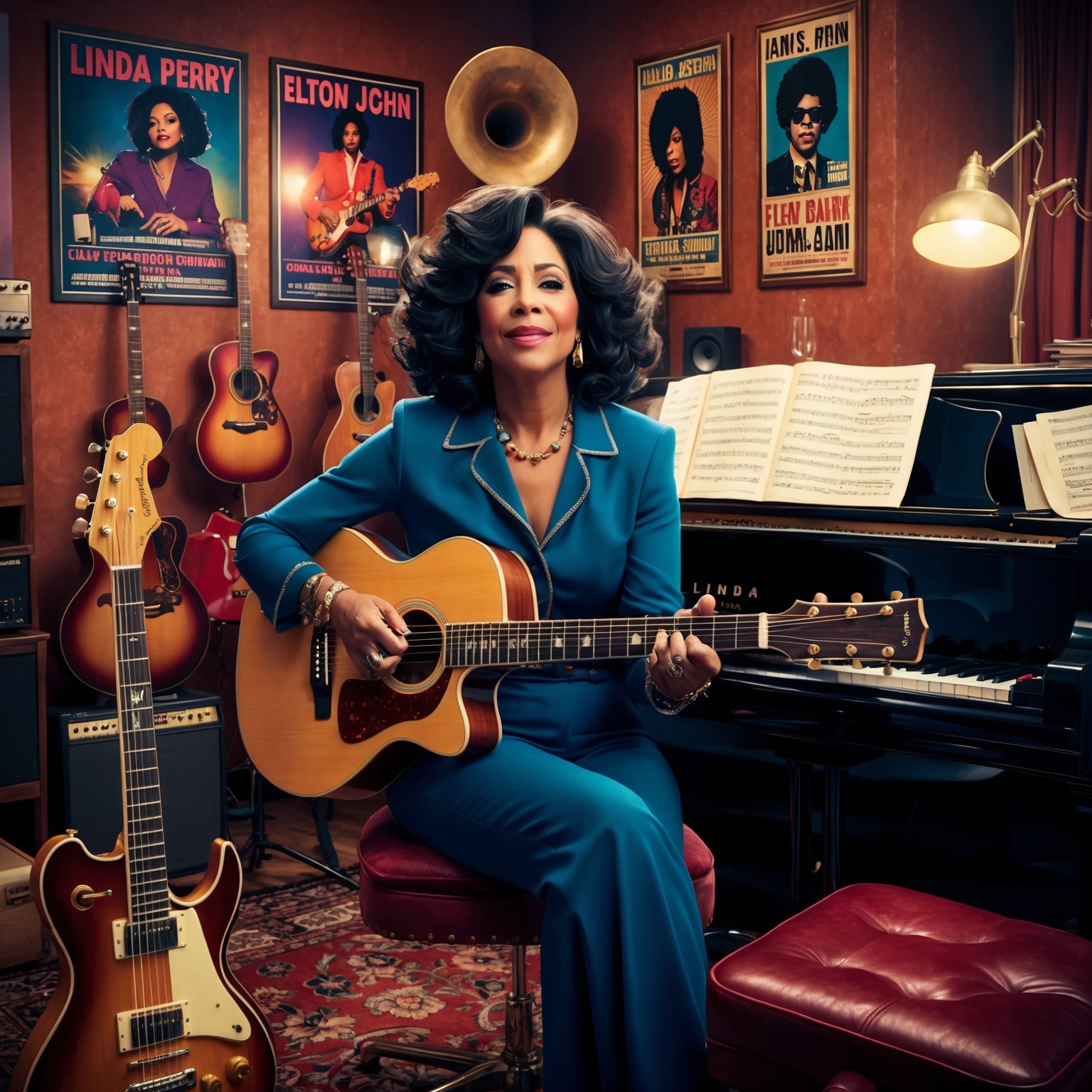 Create an illustration of Linda Perry, the composer, in a studio setting, surrounded by musical instruments such as a guitar and piano, reflecting a creative and introspective atmosphere. The studio should have a cozy, vintage rock vibe, with posters of legendary artists that have influenced her, like Janis Joplin and Elton John. Include subtle visual elements, like sheet music and recording equipment, to emphasize her role as a composer and producer.