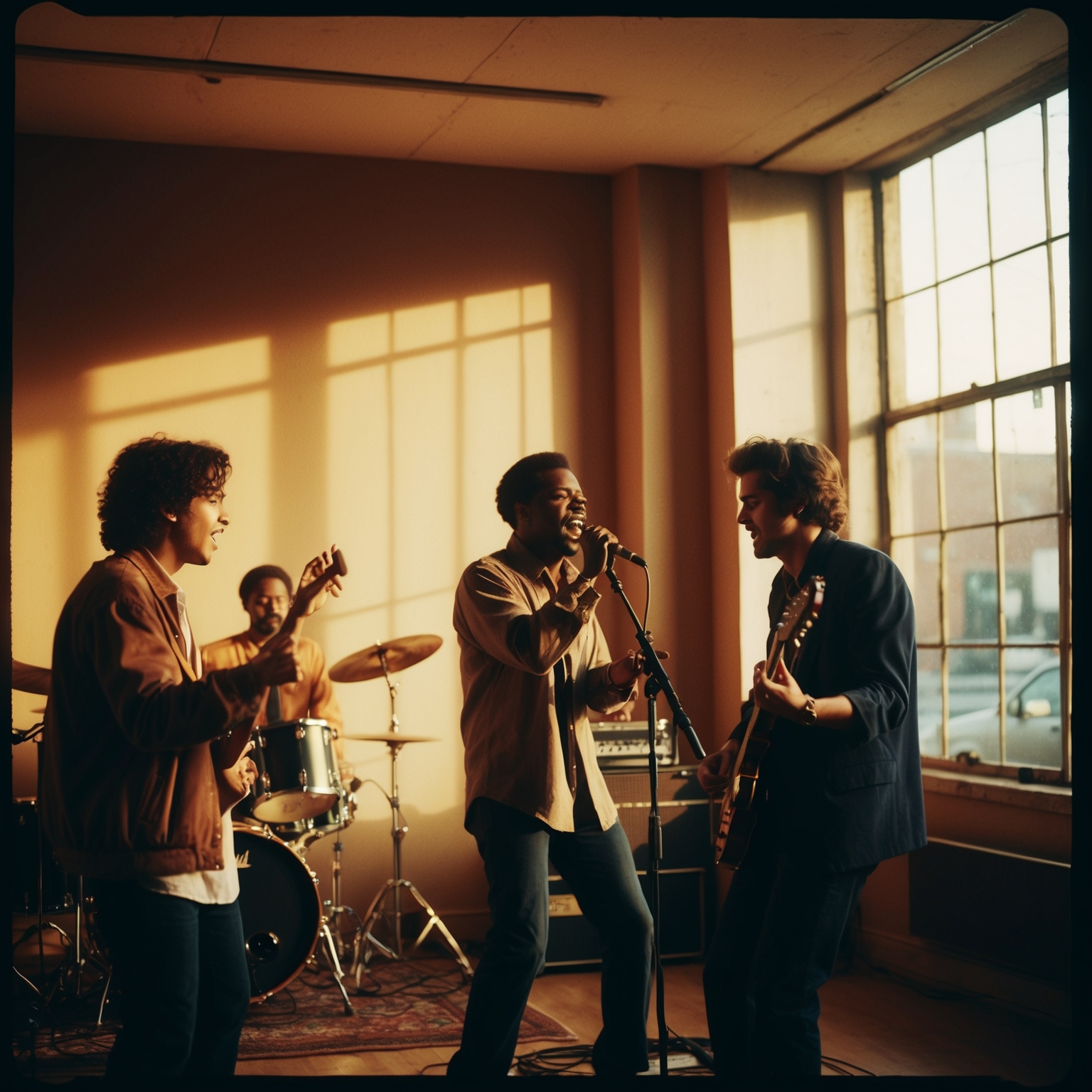 A vintage-style music video still showing a band performing passionately in a warmly-lit room. The scene captures a soulful, introspective atmosphere with muted colors. Lead singer with a charismatic presence, framed by sunlight streaming in through large windows. Early 