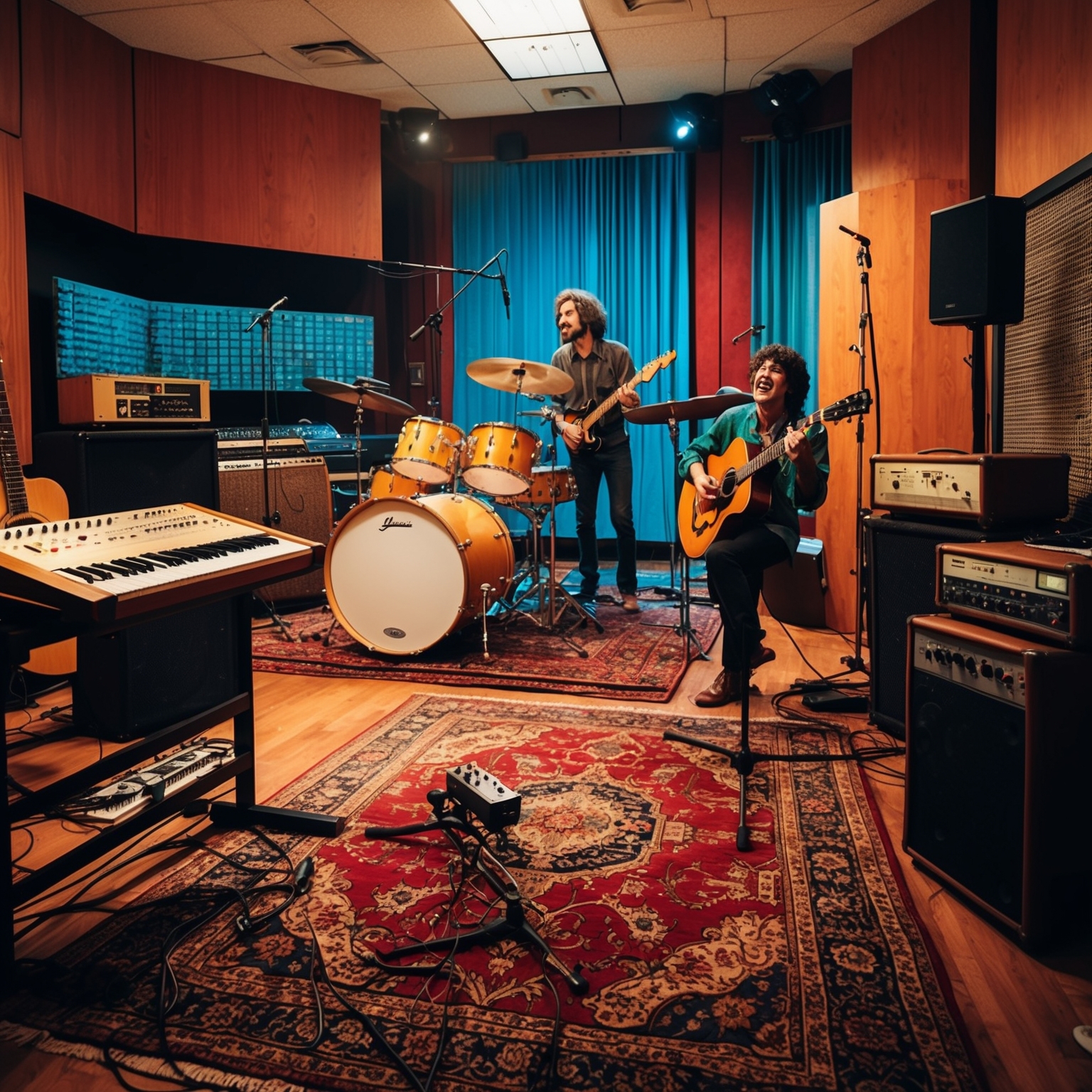 Generate an image of a recording studio from the early 1990s, with vintage musical equipment like guitars, drums, and soundboards, and a vibrant atmosphere capturing the essence of an artist passionately recording music. The scene should evoke the creativity and energy of a band in the process of making an iconic alternative rock track.