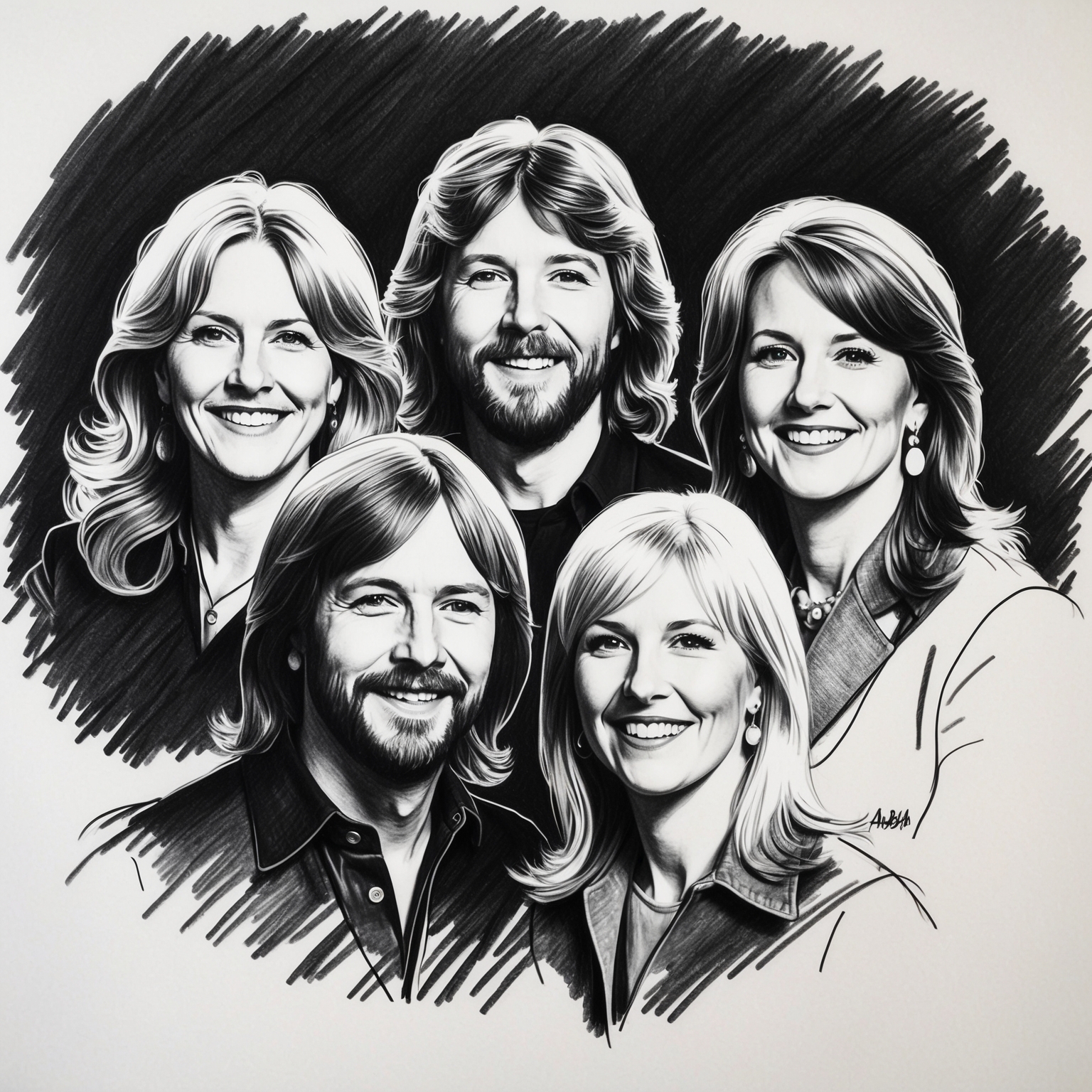 A charcoal, stylistic drawing of ABBA, featuring Agnetha Fältskog, Björn Ulvaeus, Benny Andersson, and Anni-Frid Lyngstad. The portrait is in black and white, with a half-finished appearance, capturing the iconic essence of the band.