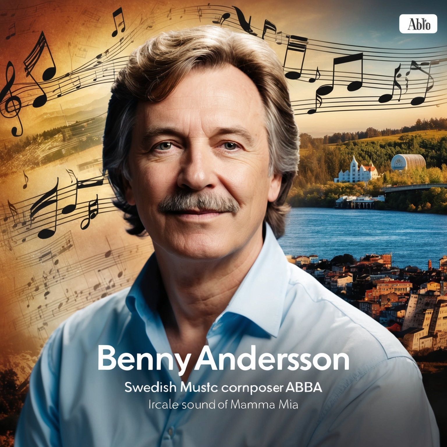 A detailed portrait of Benny Andersson, the Swedish composer, renowned for his work with ABBA, displaying his musical genius. Behind him, a collage of musical notes, classical influences, the Swedish landscape, and hinting elements from the Beatles