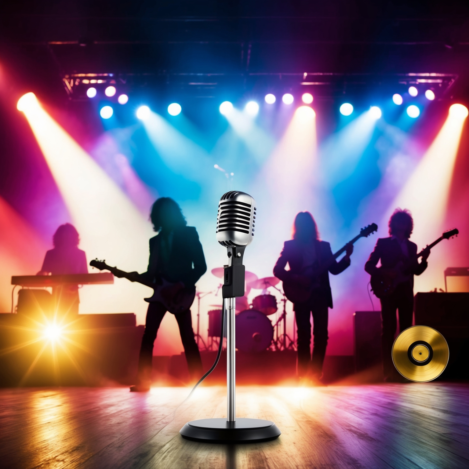 Image of a vibrant stage with concert lights shining down, a microphone stand in the foreground. The silhouette of a classic 1970s band can be seen in the background, suggesting energy and nostalgia. In a corner, a golden record subtly shines, symbolizing recognition. The scene is lively and iconic, reminiscent of grand performances and pop culture celebration.