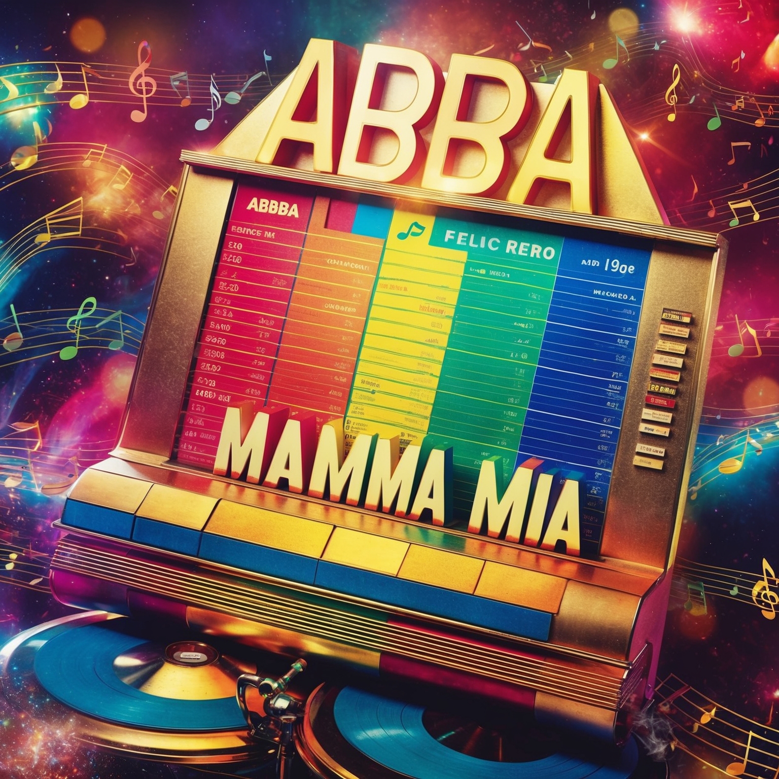 A colorful retro music chart with ABBA