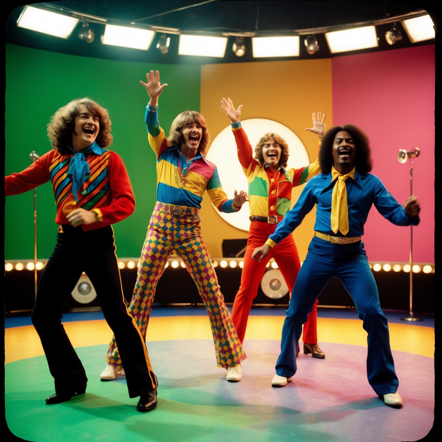 A vibrant scene depicting a 1970s-themed music video with colorful costumes, dynamic camera angles, featuring four band members exuding joy and charisma. Picture a retro set design with playful lighting and synchronized movements, embodying a lively 70s era vibe.