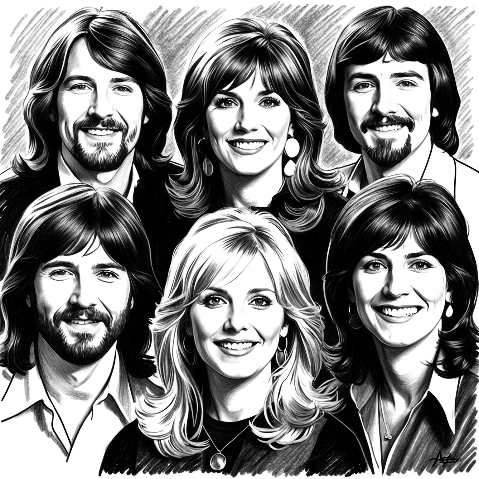 A black and white charcoal drawing of ABBA, capturing the band members in a half-finished, stylistic portrait. The image should evoke the classic and timeless essence of this Swedish pop group, focusing on their iconic 70s look and dynamic presence.