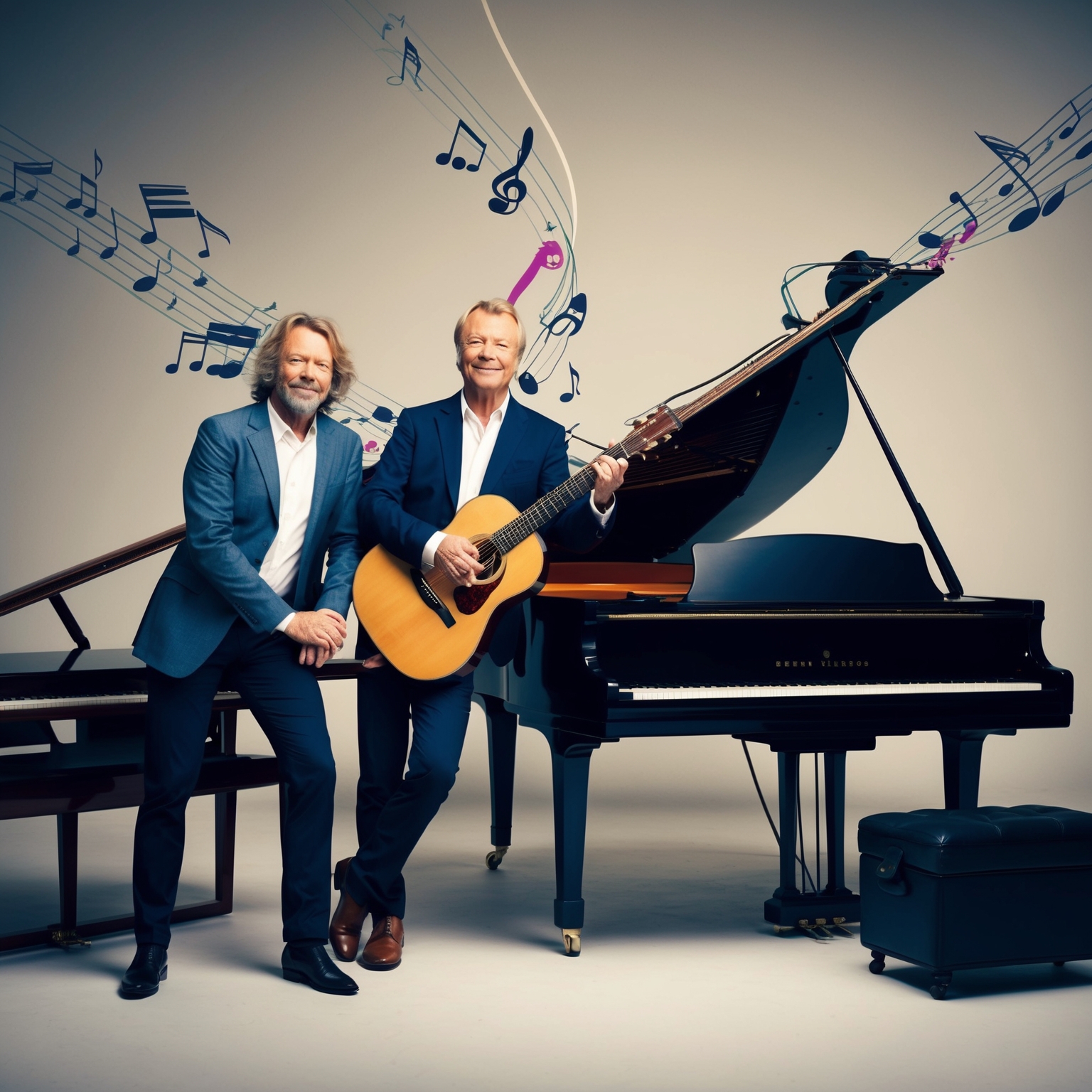 A creative representation of the collaborative spirit and genre fusion of Björn Ulvaeus and Benny Andersson, showcasing elements of pop, rock, and classical music influences. Capture the essence of their musical partnership with instruments like piano and guitar in a dynamic and harmonious environment.