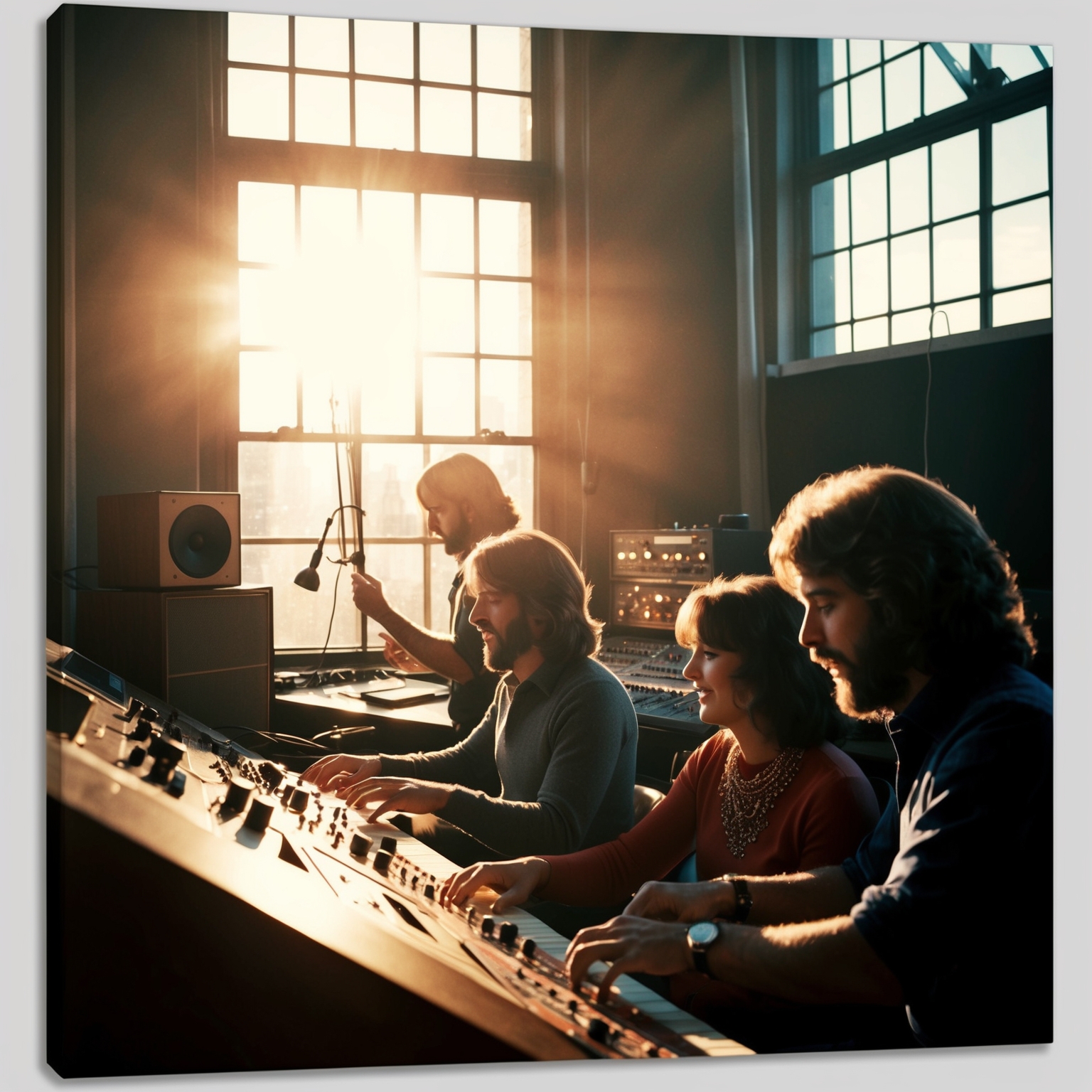 Sunlight streaming through a 1970s recording studio window, vintage audio equipment subtly glowing, artists passionately engaged in crafting a harmonious pop melody, capturing the essence of ABBA