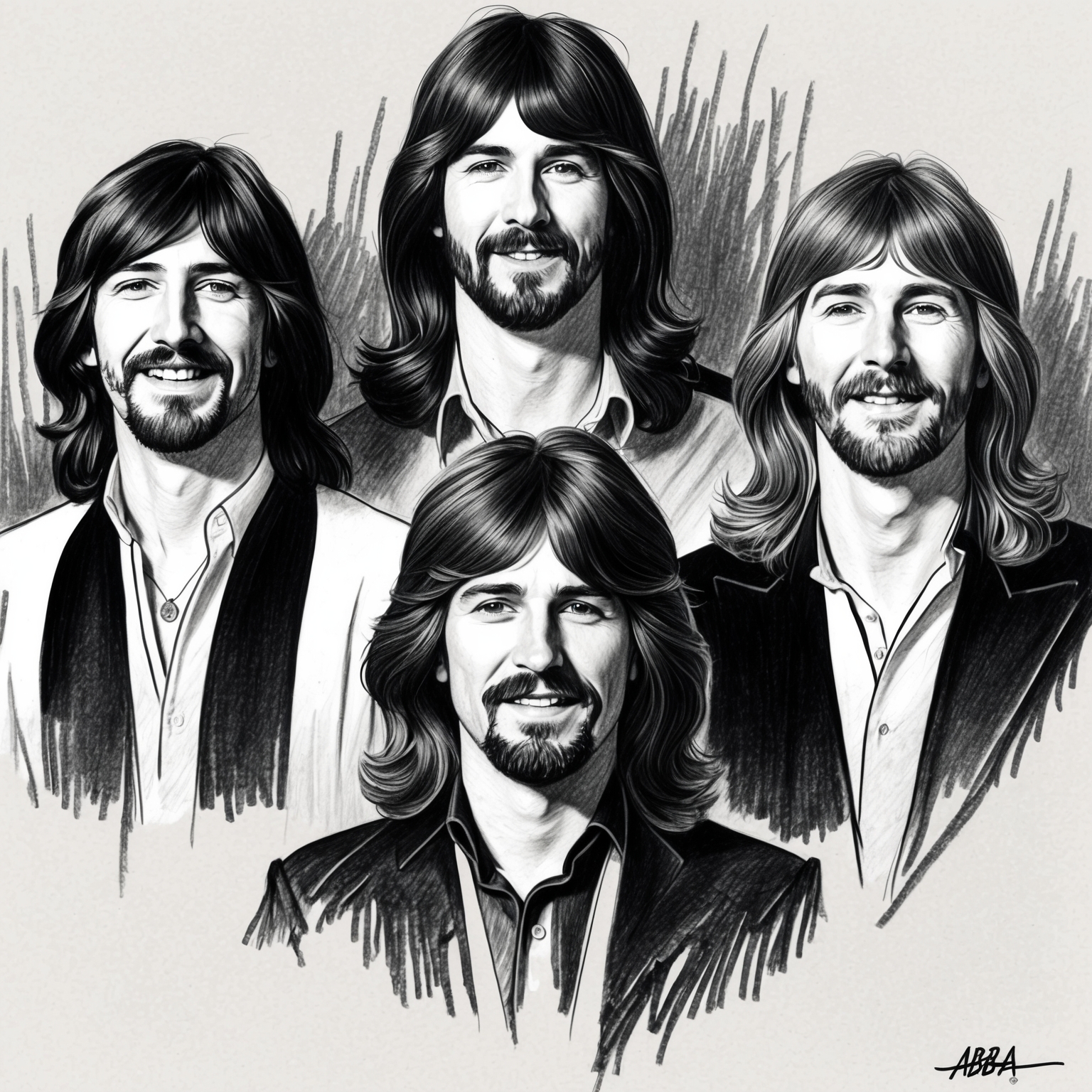 Create a black and white charcoal stylistic drawing of the band ABBA. The portrait should have a half-finished feel, capturing their essence during the era of 