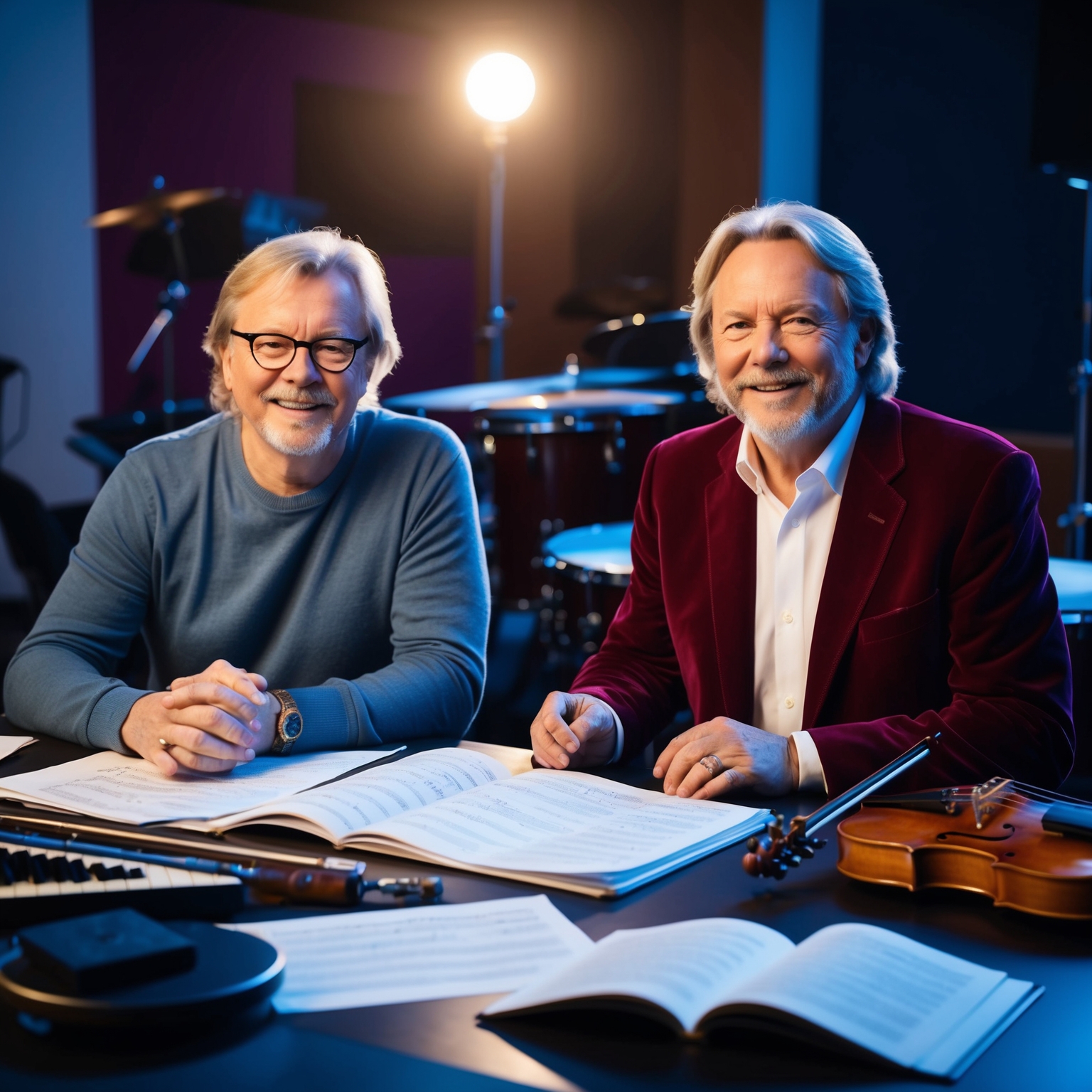 Create an image of two legendary musicians, Benny Andersson and Björn Ulvaeus, composers of ABBA, during a creative session. Include elements of musical instruments, sheet music, and a sense of collaboration, set in a vibrant yet intimate studio environment. Emphasize their iconic pop, rock, and European folk influences.