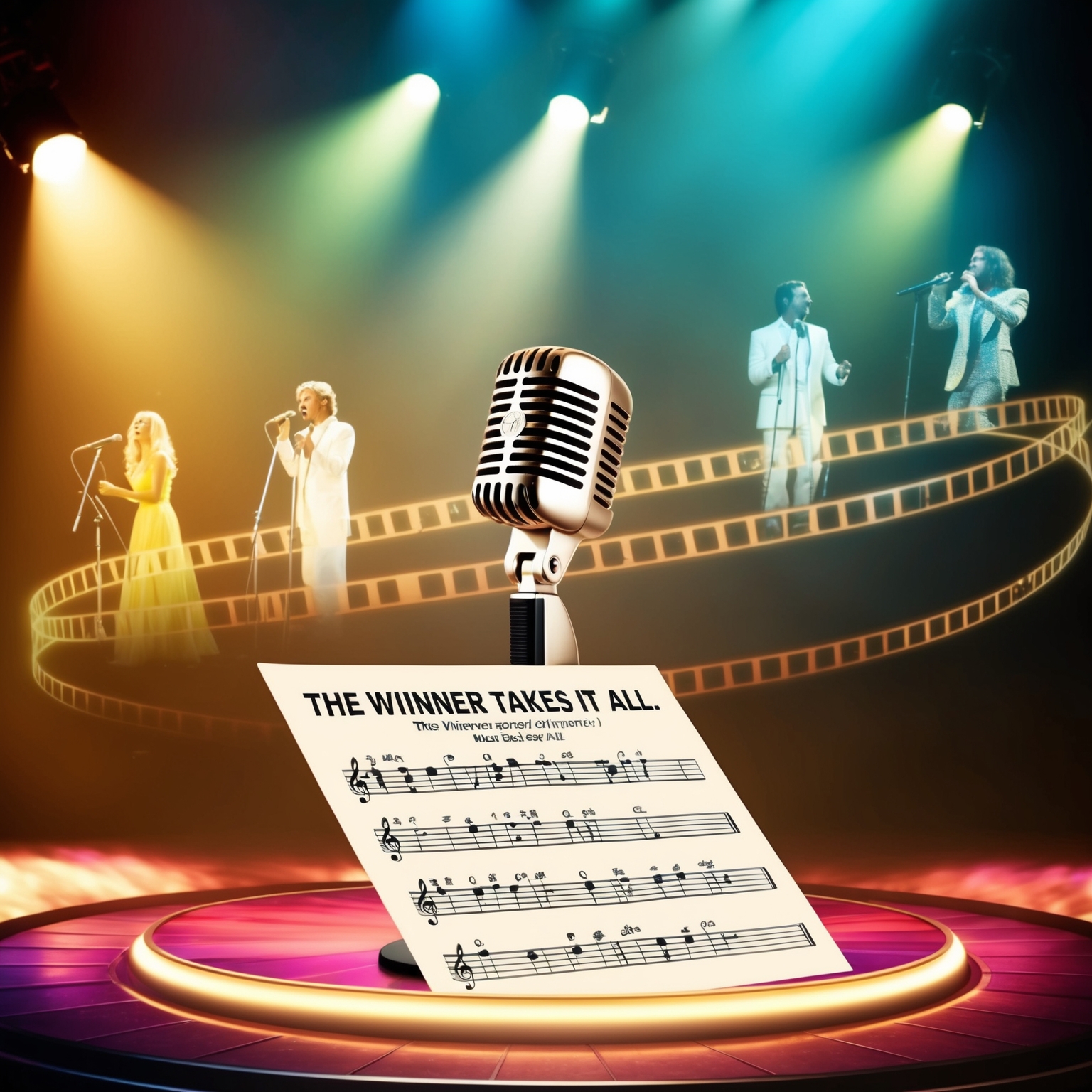 An image depicting a vibrant stage with a microphone surrounded by glowing spotlights, showcasing a musical score sheet that includes the notes of 