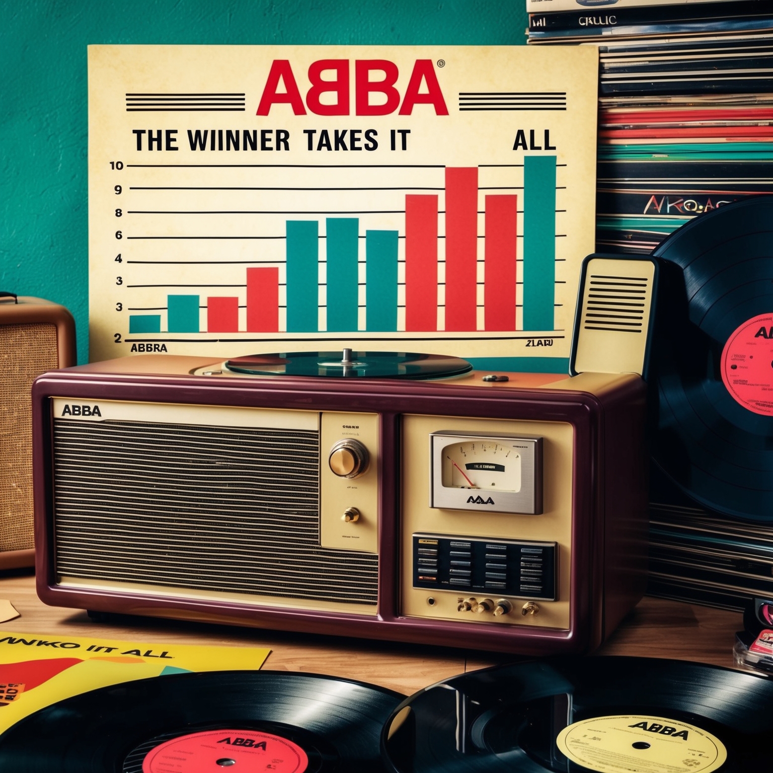 Create an image capturing the essence of 1980s music success with a vintage chart graphic featuring ABBA