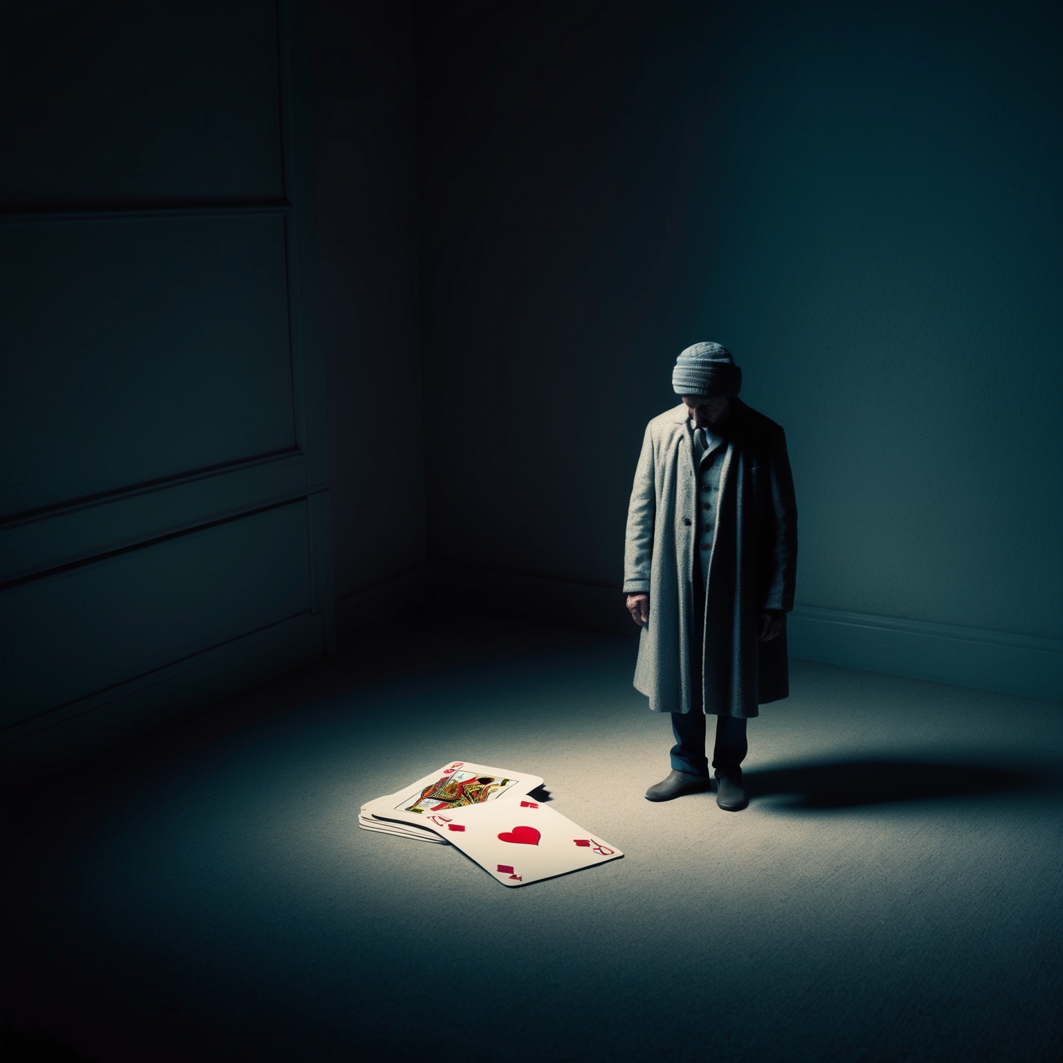 A heartfelt portrayal of a solitary figure, standing small beside a metaphorical deck of cards in a dimly lit room, capturing the essence of loss and introspection as depicted in ABBA