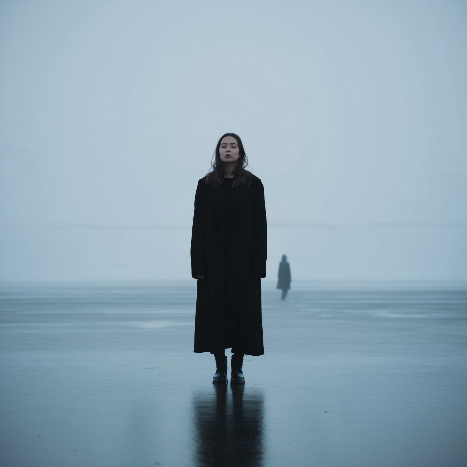 Create an image of a music video scene depicting a lone figure standing in a stark, minimalist landscape. The figure, a woman with deep expressions of emotion, is centrally positioned, conveying a sense of melancholy and introspection. The background should be a simple, contrasting scene, emphasizing solitude and reflection, akin to the emotional depth portrayed in a poignant storytelling music video.