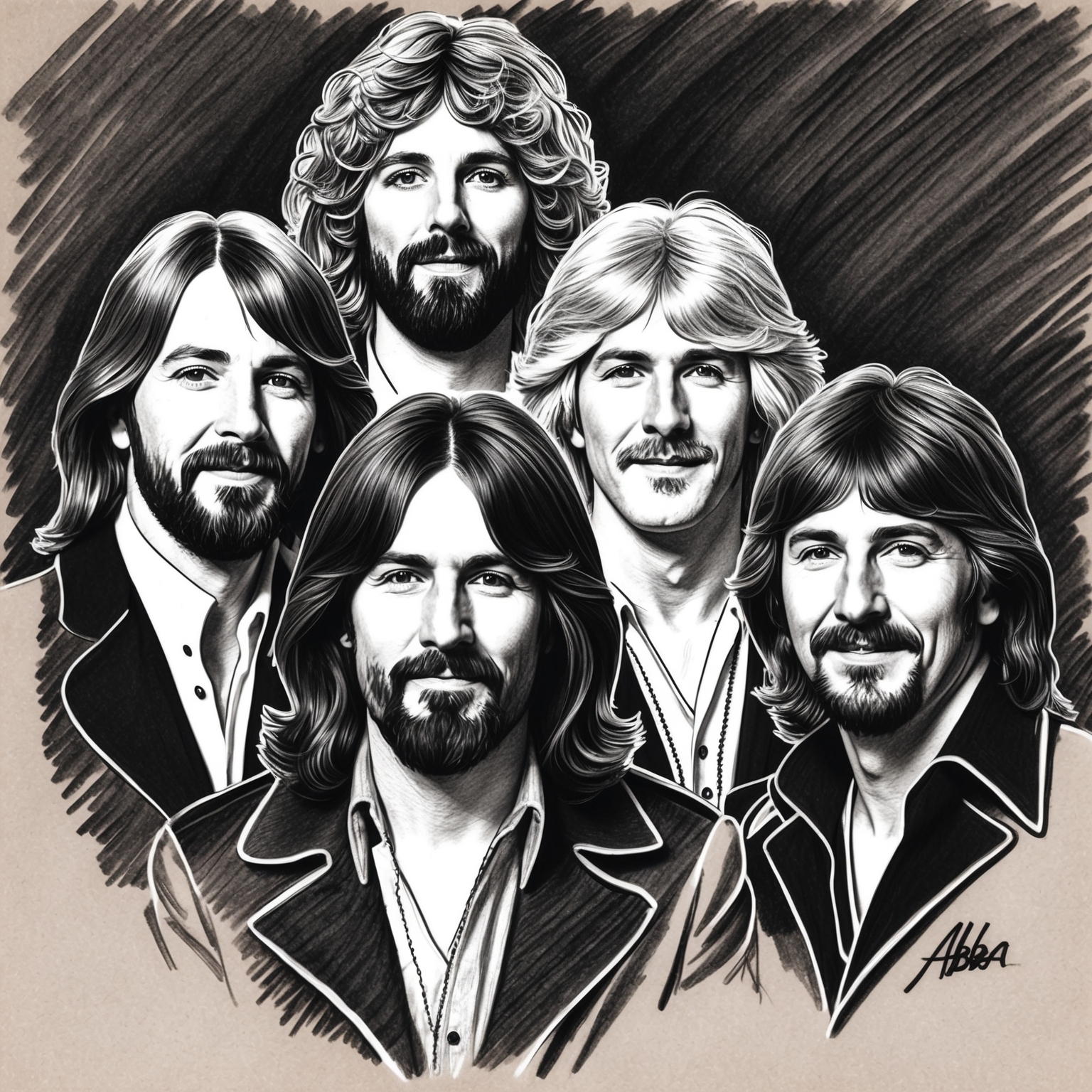 Create a charcoal, stylistic drawing of ABBA. The image should be in black and white, capturing the essence of the band with a half-finished feel, emphasizing the members