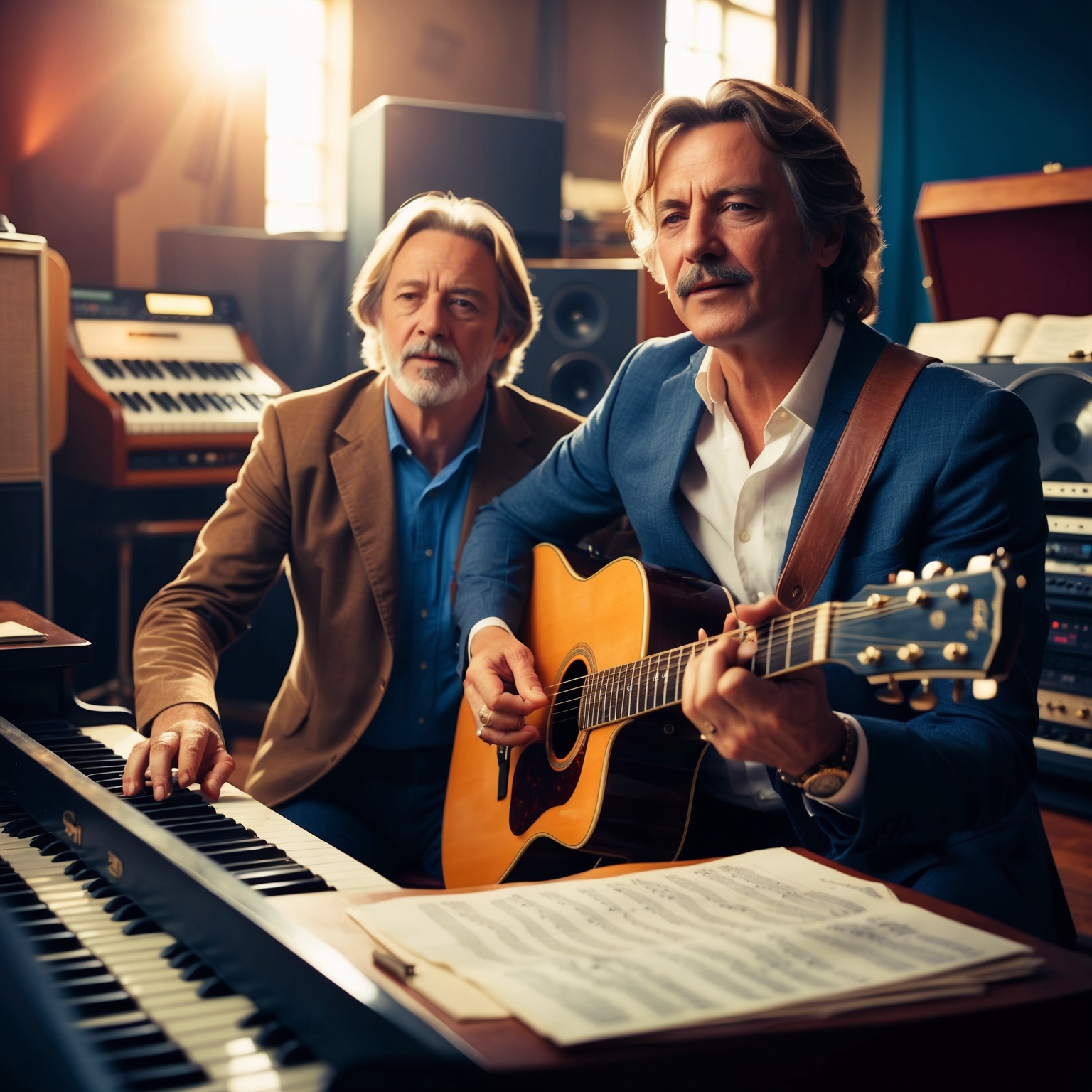 A dynamic portrait of two middle-aged European male musicians in a creative setting. One plays a piano, while the other holds a guitar. They appear deeply engaged in a songwriting process, surrounded by vintage recording equipment and sheet music. The environment reflects a blend of 1970s style with modern elements, capturing their timeless influence in the music scene.