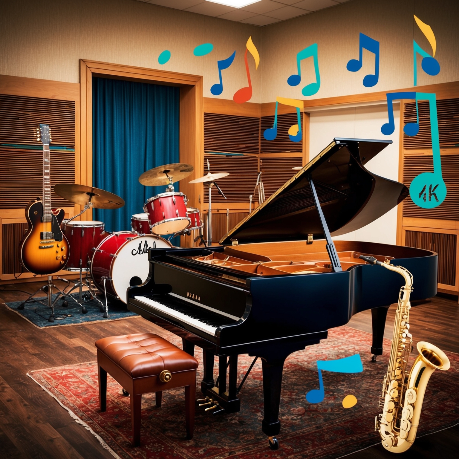 Generate an image depicting a vintage recording studio in the 1970s, with instruments like electric guitar, grand piano, and saxophone. Include elements that suggest a lively atmosphere and ABBA