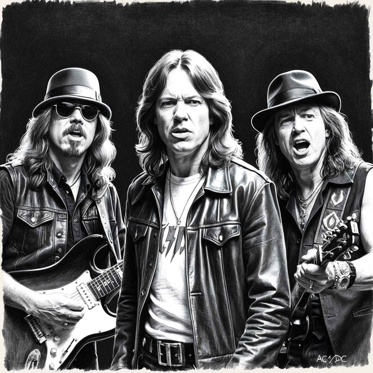 Create a black and white charcoal portrait of the legendary rock band AC/DC, capturing a stylistic and half-finished feel. Focus should be on musicians with distinct features, highlighting their fierce and electrifying presence synonymous with their music.