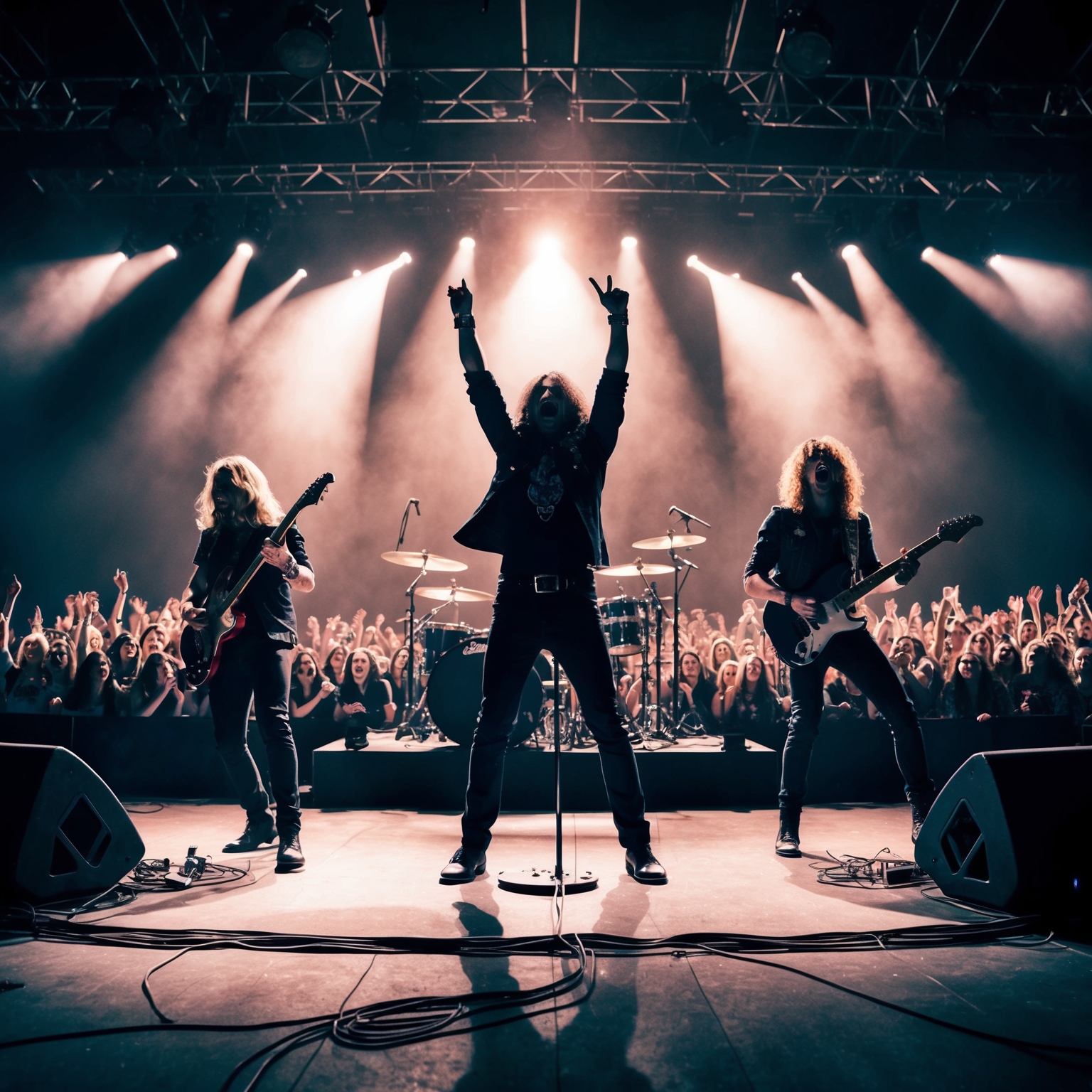 A visual representation of a rock band performing on stage under dramatic lighting, with an enthusiastic crowd in the background, capturing the energetic atmosphere of a live rock concert.