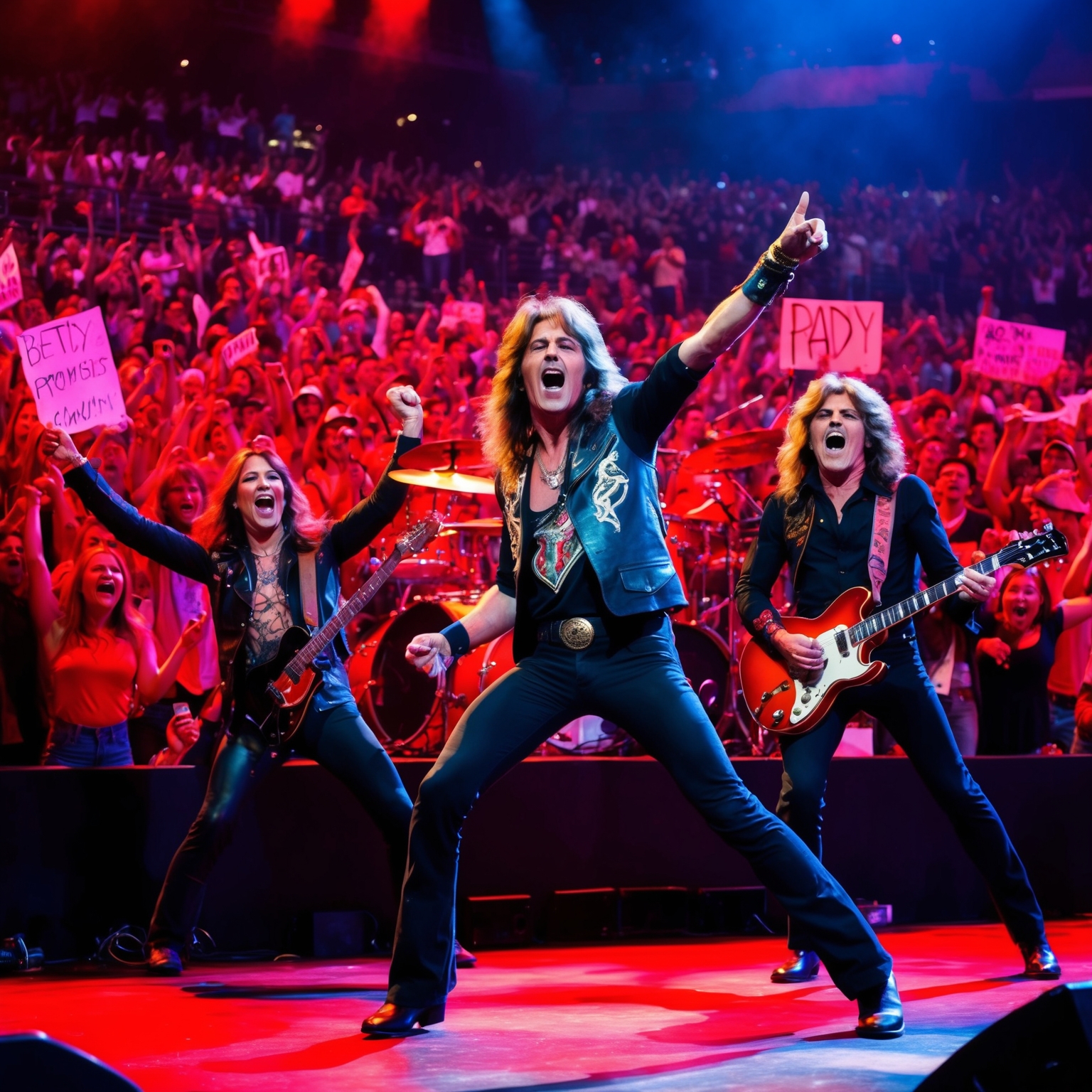 A vibrant and energetic live rock concert with a dynamic band performance on stage, capturing the essence of 1970s rock music. The crowd is excited, with some fans waving and others holding up signs. The lead singer is passionately engaging with the audience, while the guitarist captures attention with iconic rock poses, electric energy visible in the atmosphere, red and black stage lighting. The scene is set in a large stadium packed with adoring fans.