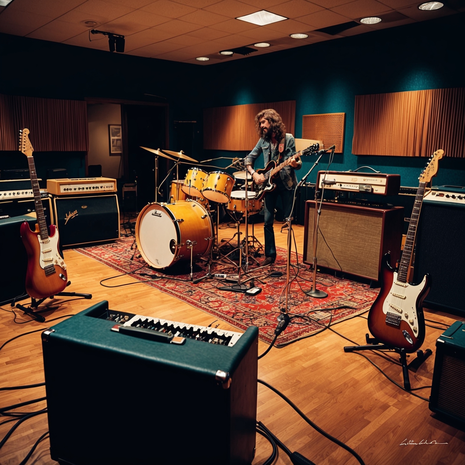 A visual representation of a recording studio in the late 1970s, featuring a lively rock band setup with electric guitars, a drum kit, amplifiers, and vintage recording equipment. Capture the vibrant energy and creative hustle of a legendary rock band recording an iconic song, highlighting the ambience of passion, grit, and innovation.