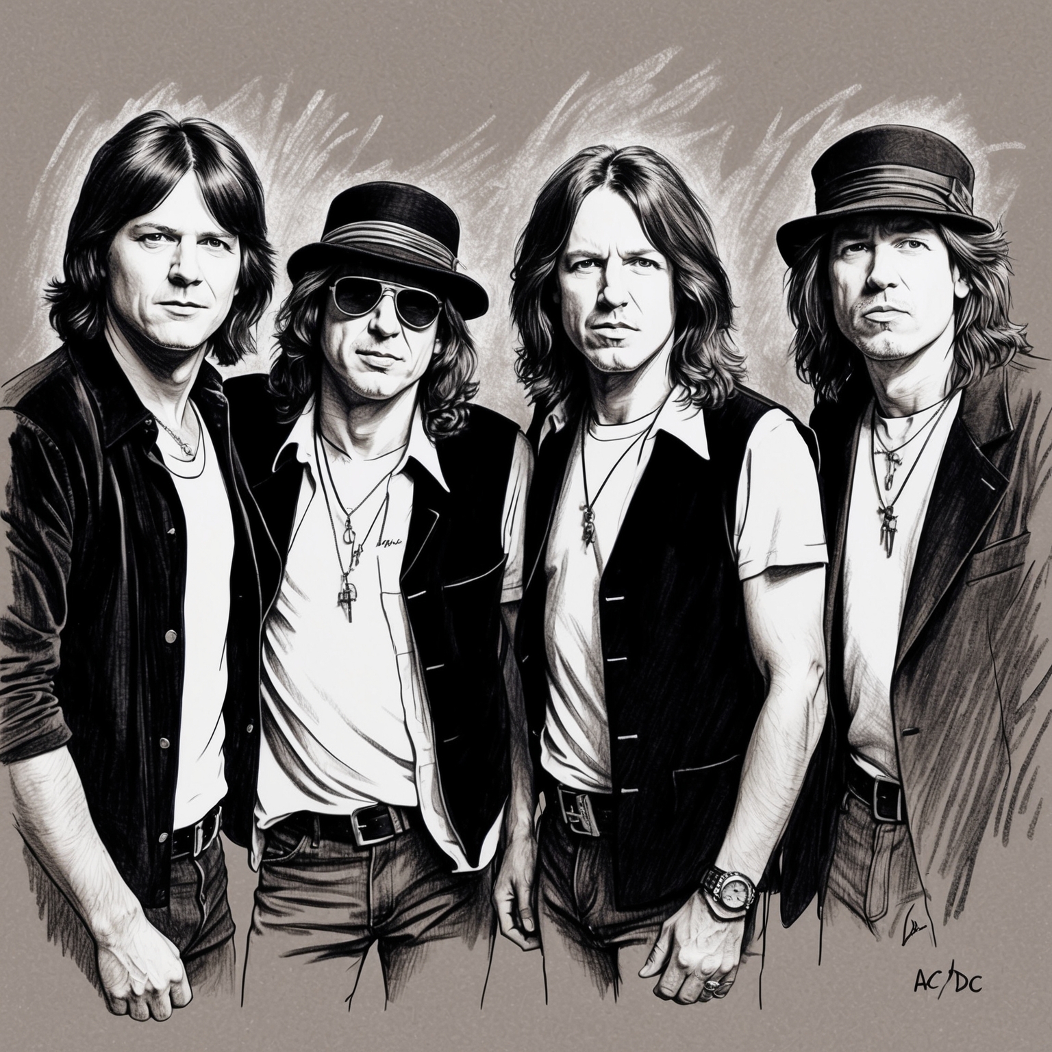 A black and white charcoal drawing of AC/DC, with a half-finished, stylistic feel. Capturing the essence of the band during the era of 