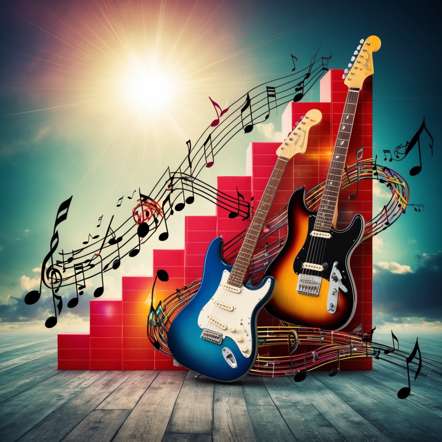 A vibrant and dynamic depiction of a chart climbing towards the top, with musical notes and electric guitars intertwined, symbolizing a rock anthem