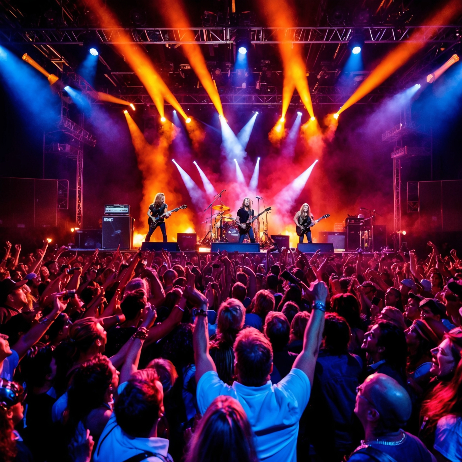 A vibrant scene of a rock concert with a high-energy band performing under dynamic stage lighting, capturing the raw emotion and presence of a classic rock performance. The crowd is enthusiastic and lively, immersed in the music, with a vivid sense of motion and sound. The atmosphere is electric, embodying the iconic nature of ACDC