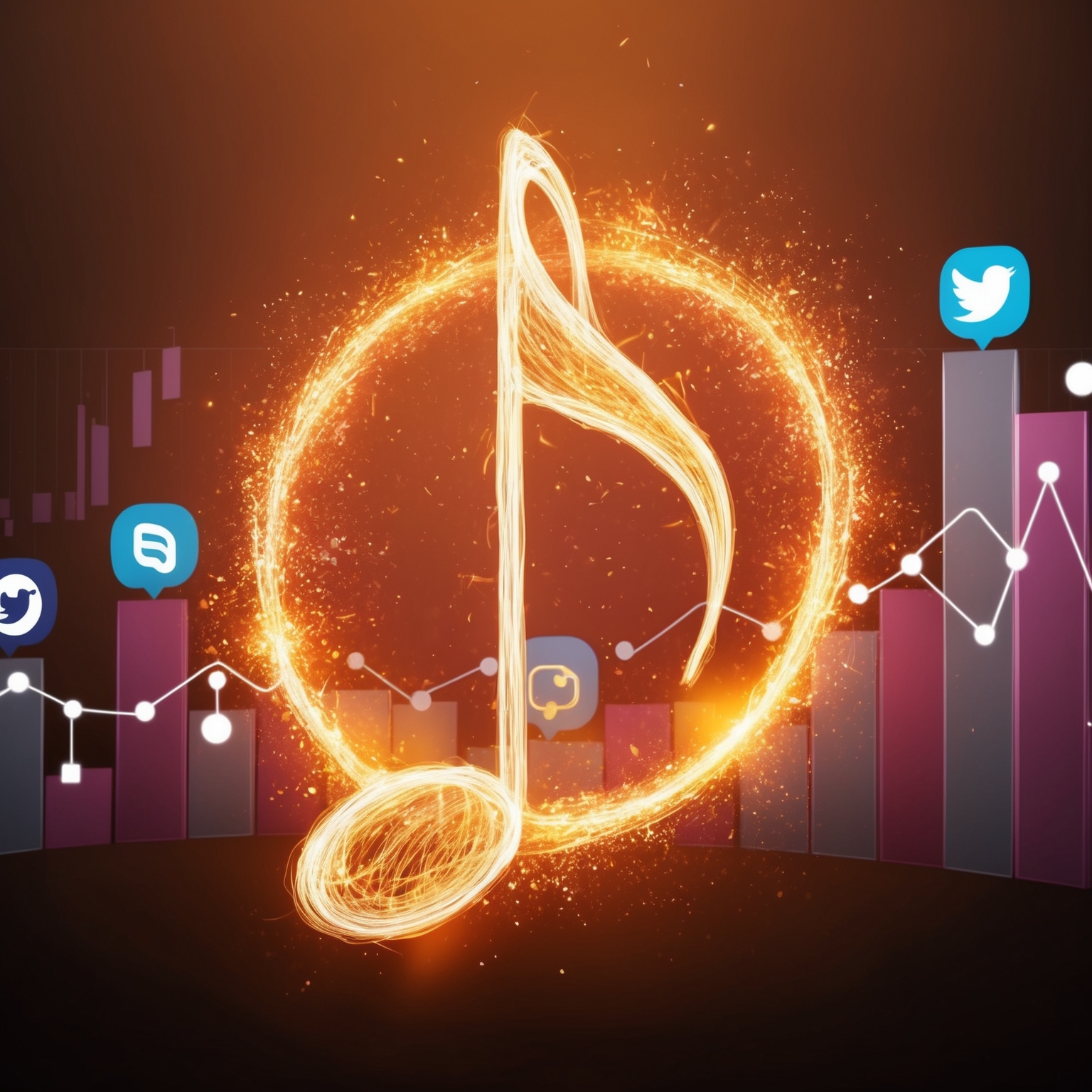 Create an image capturing the essence of chart success for a soulful song. Illustrate a musical note wrapped in a warm, glowing aura, symbolizing enduring popularity and cultural impact. The background should hint at a global music chart, subtly integrating elements like rising bars symbolizing chart positions, surrounded by icons of streaming and social media platforms.