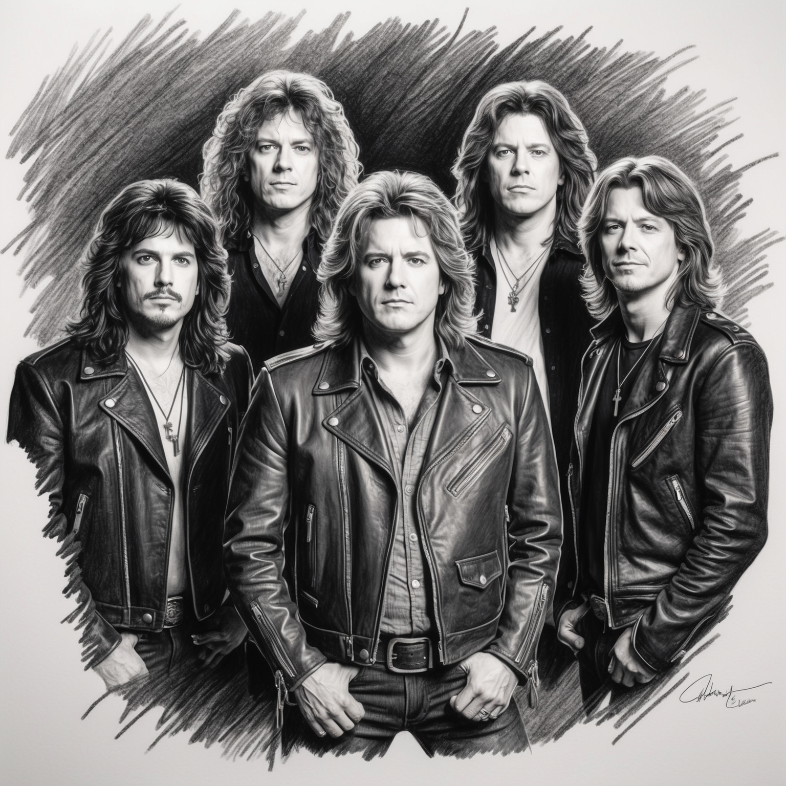 Create a charcoal, stylistic drawing of Aerosmith, focusing on a black and white, half-finished portrait of the band members in a dynamic composition.