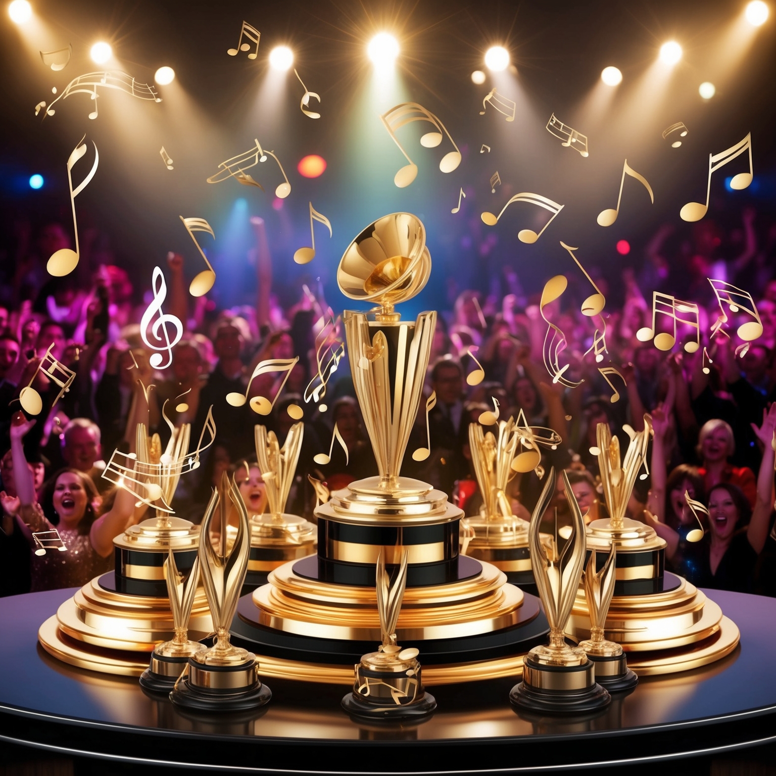 An illustration of an award ceremony setting with abstract musical notes floating around. Capture the essence of triumph and tribute with elements like gold trophies, vibrant lights, and a backdrop of a cheering audience, symbolizing the celebration of a rock classic.