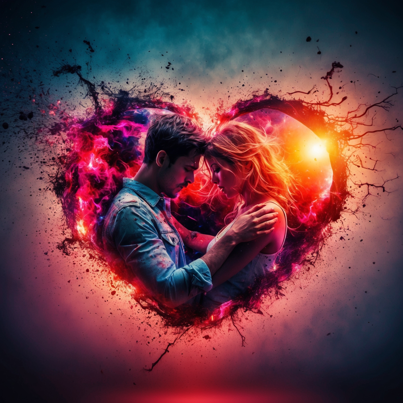 A dynamic, abstract representation of a chaotic love story, with vibrant colors illustrating emotional intensity, capturing the essence of turmoil and passion in a relationship.