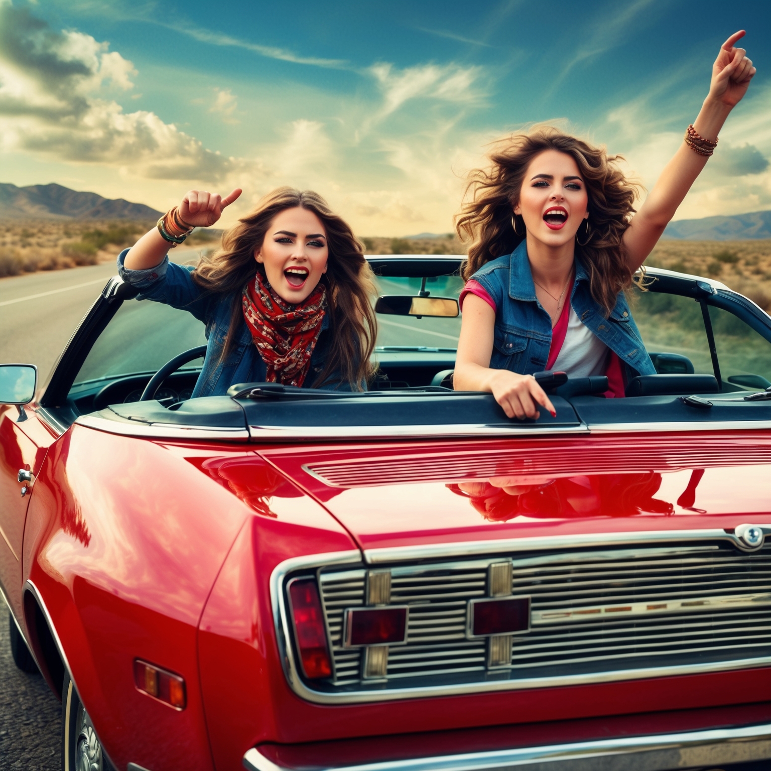 Create an image depicting a dynamic and rebellious road trip scene from the 1990s, featuring two young women escaping school. The setting should be vibrant and energetic, reflecting the carefree and adventurous spirit characteristic of rock and roll. Include elements like a vintage convertible car, an open road, and youthful fashion reminiscent of the 90s style. The image should capture the essence of freedom and rebellion with a lively and cinematic feel.