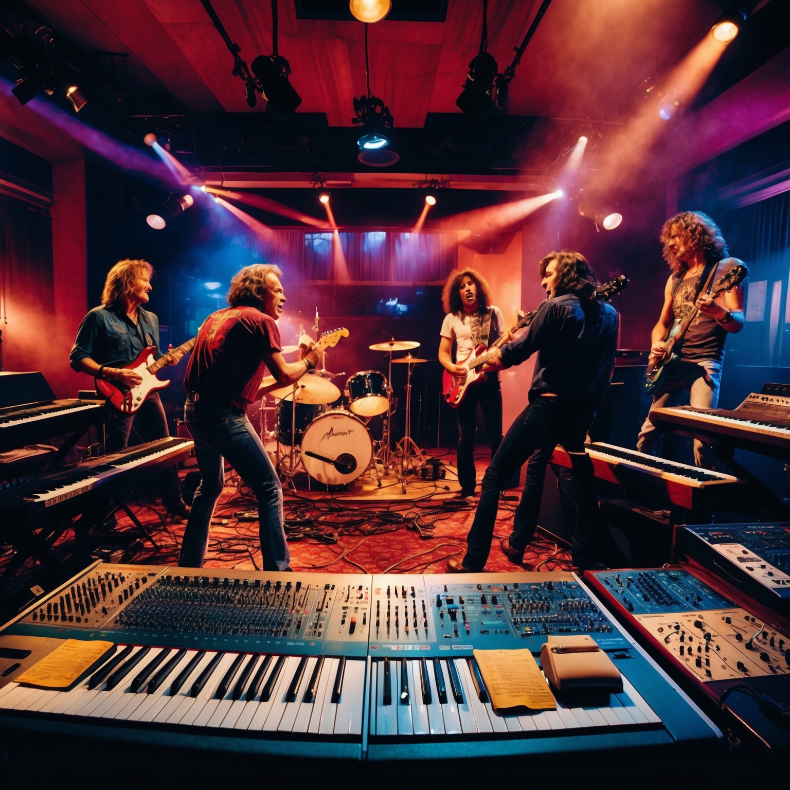 Create an image depicting a vibrant recording studio from the 1990s, filled with electric guitars, keyboards, and sound equipment. Show a detailed mix of rock musicians collaborating passionately, capturing a blend of creativity and turbulent energy typical of the recording sessions of Aerosmith