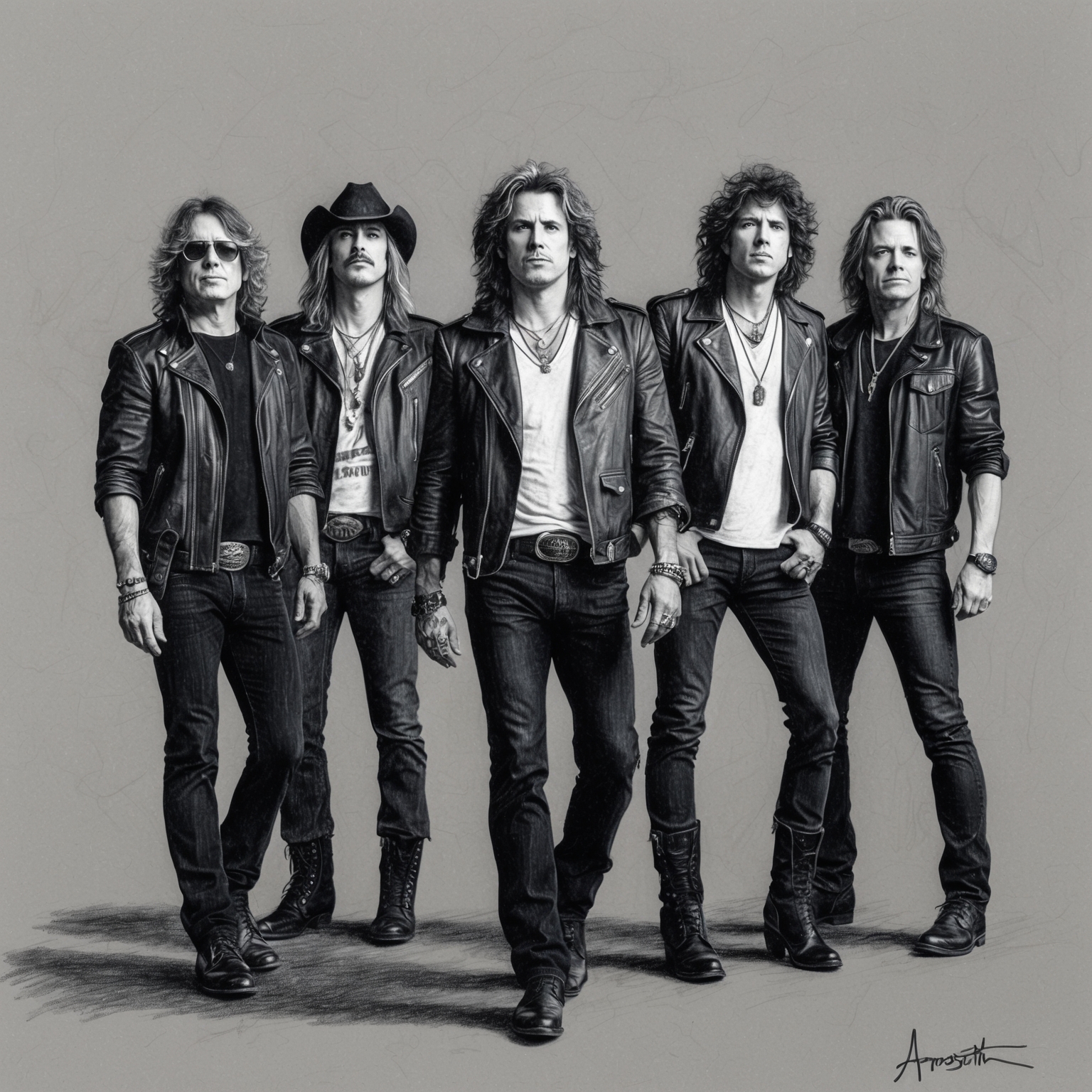 Create a charcoal, stylistic drawing of the band Aerosmith, depicting all band members in a black and white portrait with a half finished feel, showcasing their dynamic energy.