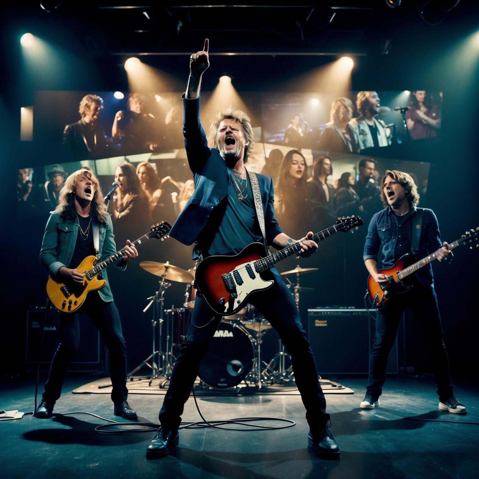 A dramatic scene featuring a rock band passionately performing in a dimly-lit studio with cinematic movie clips from a blockbuster interwoven, creating an emotional and visually striking atmosphere.