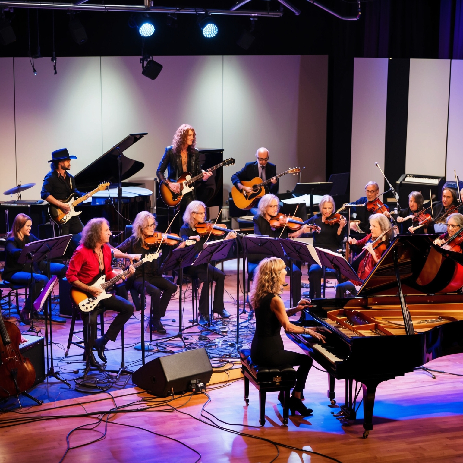 A vibrant studio setting capturing Aerosmith recording with an array of instruments including electric and acoustic guitars, a full string orchestra, and a grand piano, showcasing the dynamic and emotional energy of a power ballad session.