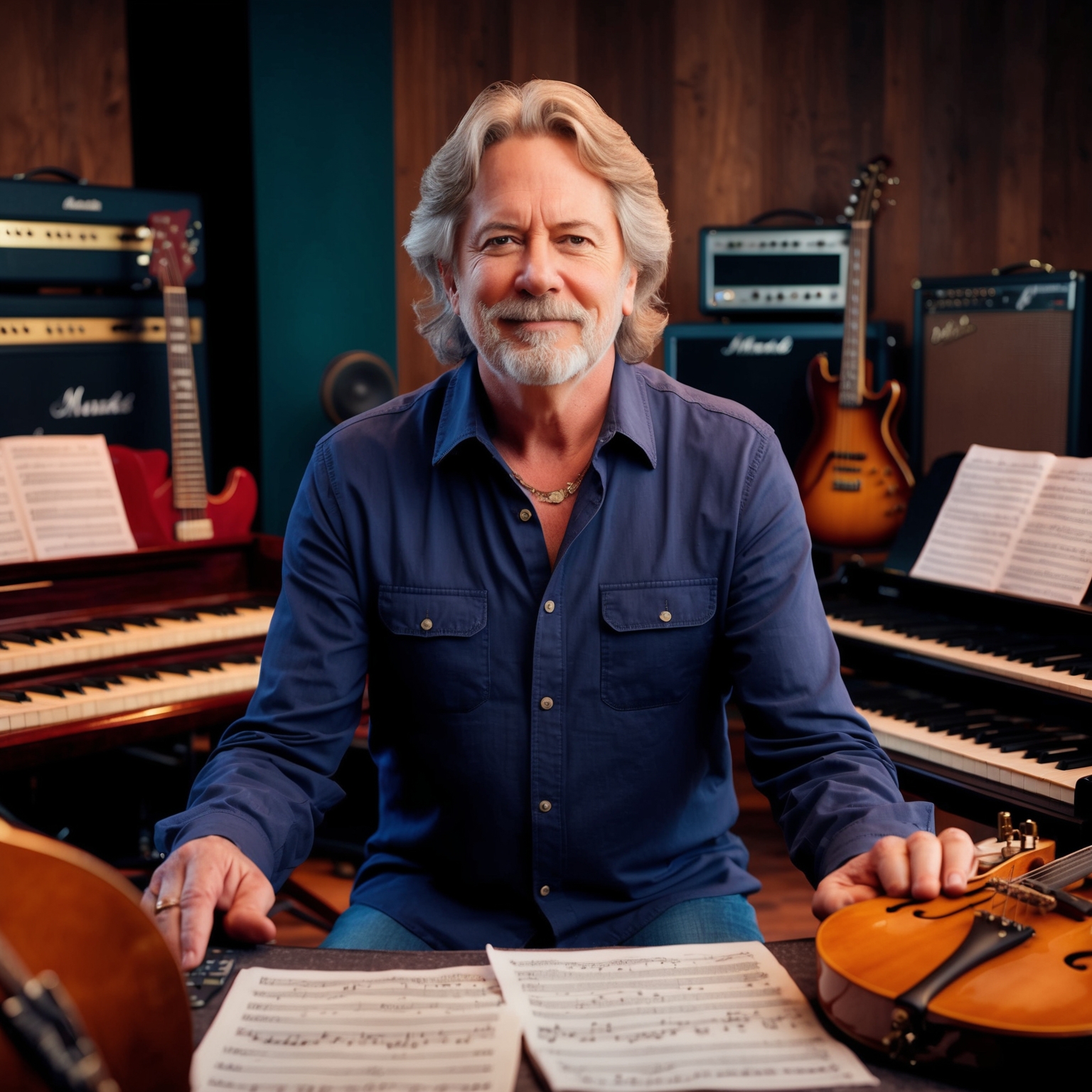 A digital portrait of Glen Ballard in a music studio, surrounded by instruments and sheet music, conveying a creative and vibrant atmosphere. The background should feature a blend of vintage and modern musical equipment, symbolizing his extensive career and musical flexibility.