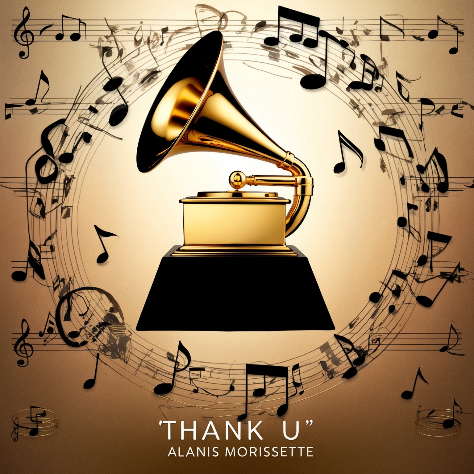 Create an image depicting a Grammy award with musical elements like notes and instruments surrounding it, evoking a sense of achievement and artistic celebration. Include elements that reference 