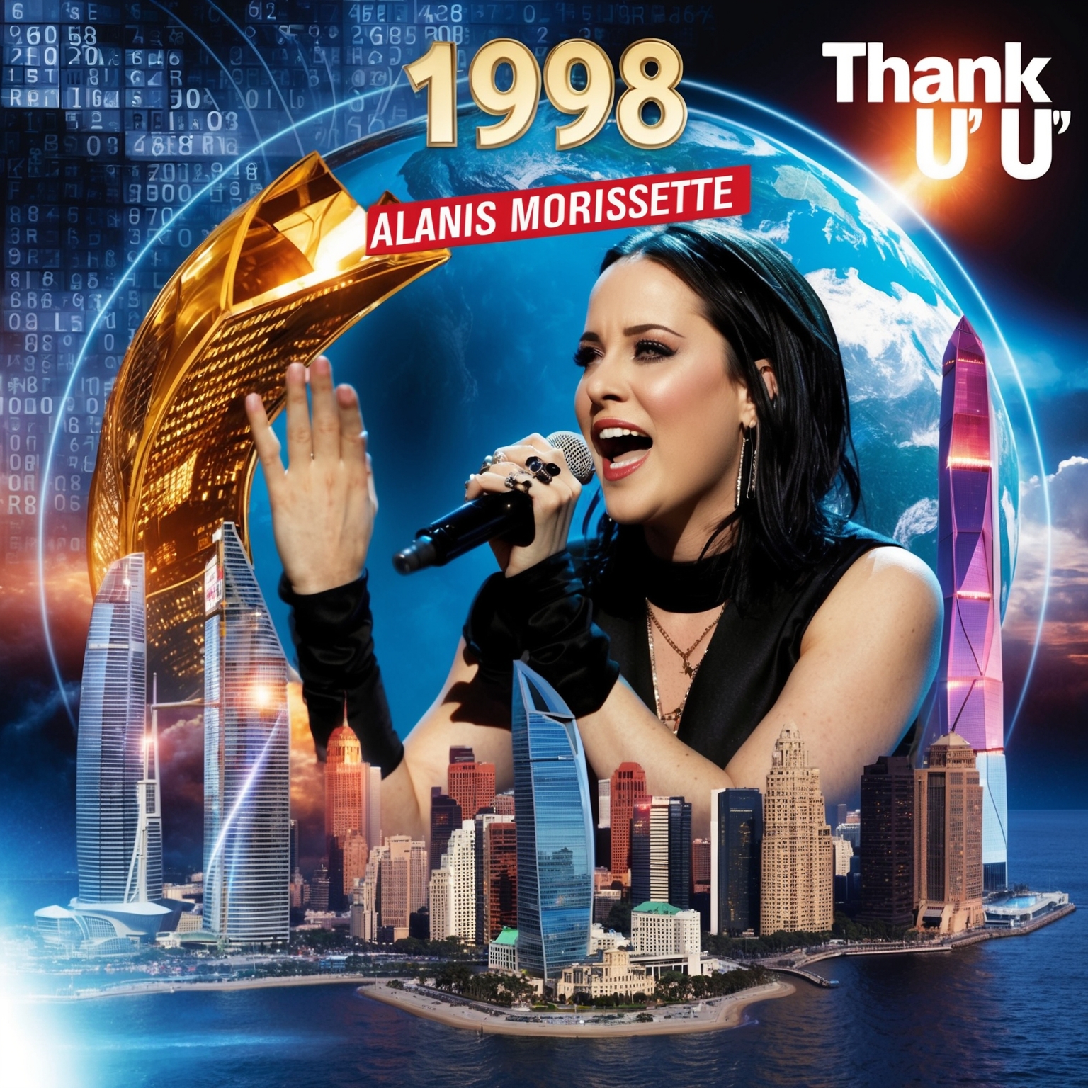 A dynamic collage featuring 1998 music charts, an expressive Alanis Morissette performing 