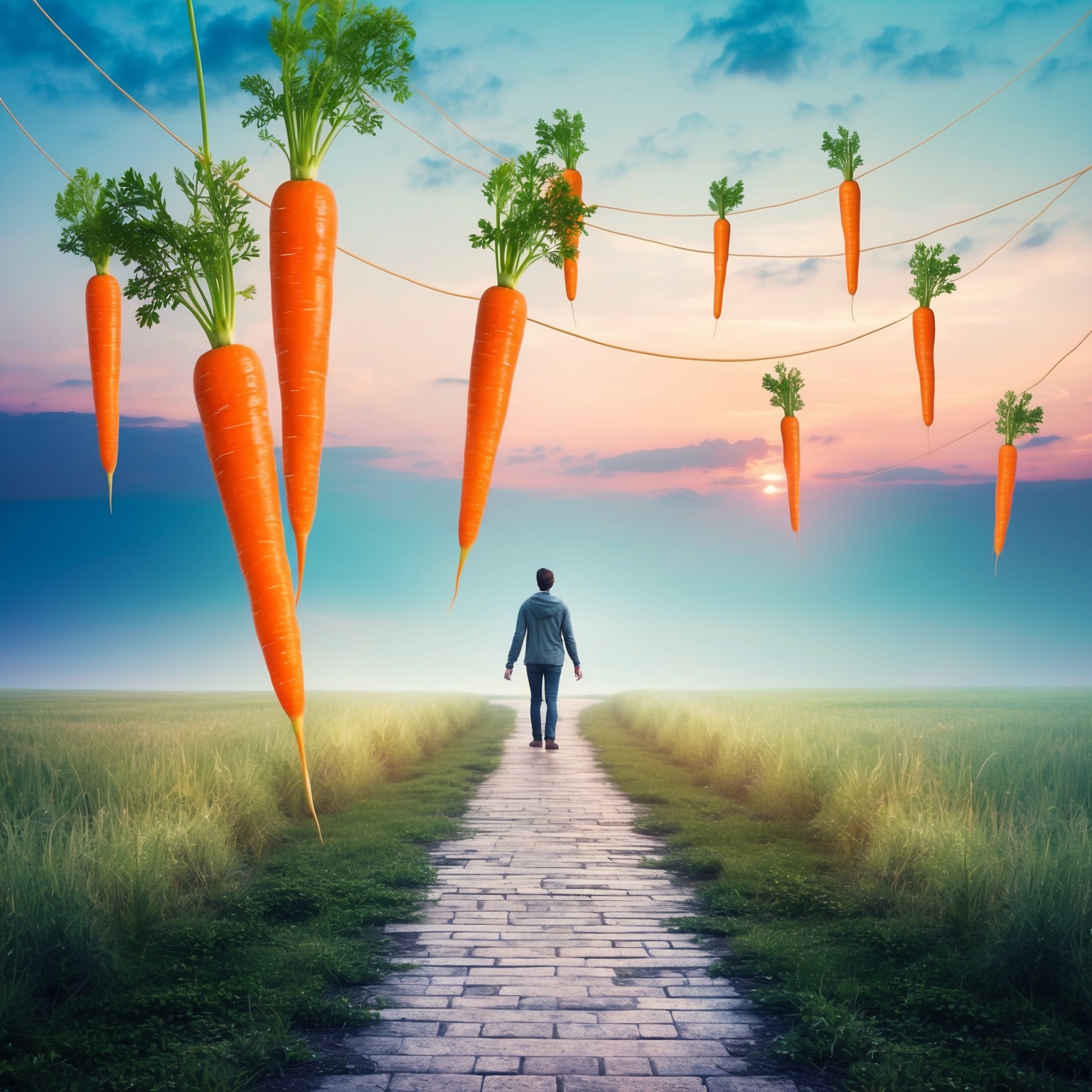 Create an image of a serene landscape with subtle symbolic elements representing gratitude and introspection, such as a tranquil path lined with transparent dangling carrots, a person standing contemplatively under a vivid twilight sky, reflecting on life and acceptance. Capture the essence of a meditative and reflective journey, emphasizing balance and enlightenment.