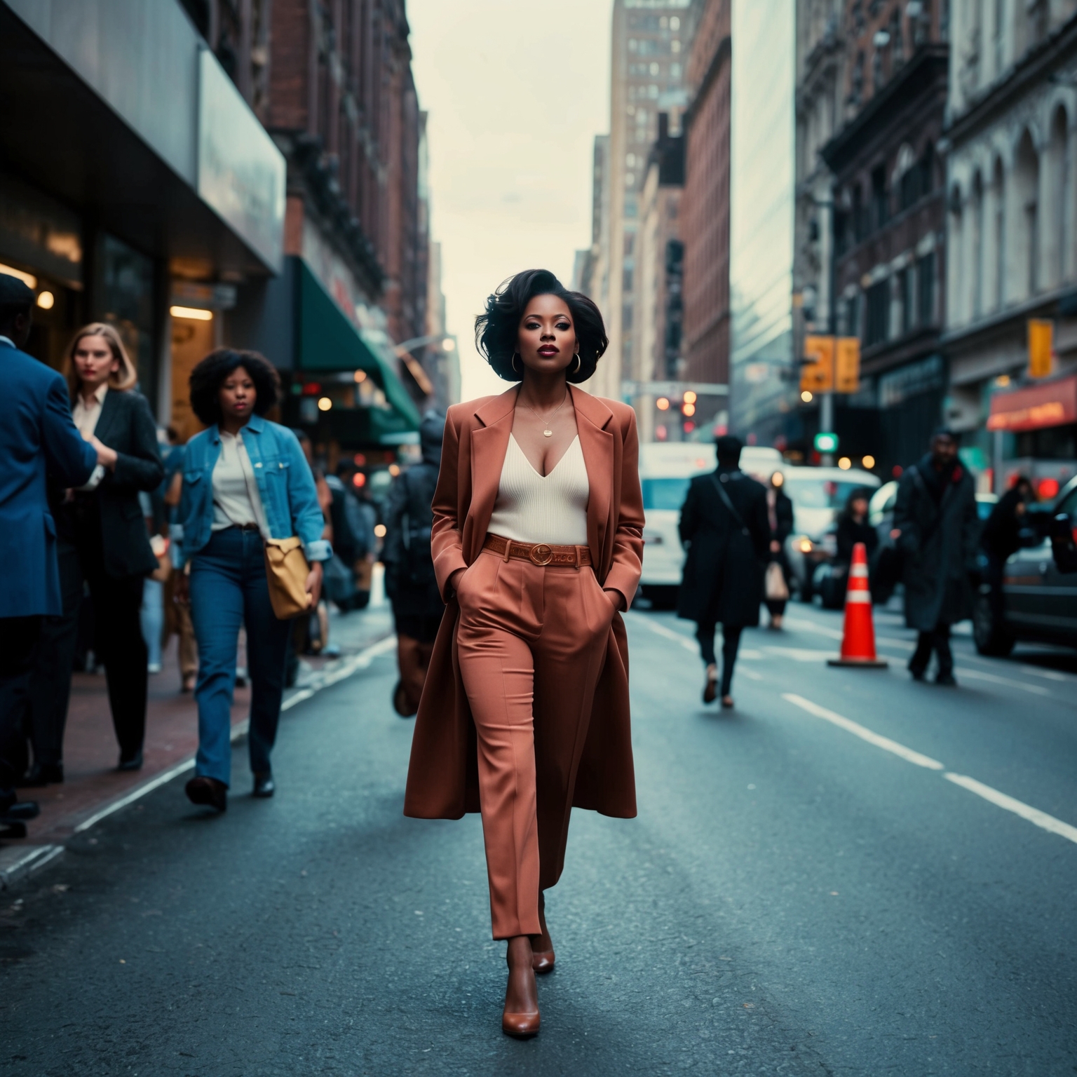 Create a captivating scene capturing a woman confidently walking down an urban street, surrounded by bustling activity, yet she exudes calm and openness. The setting features a muted color palette with evocative lighting, emphasizing themes of vulnerability and authenticity inspired by the late 