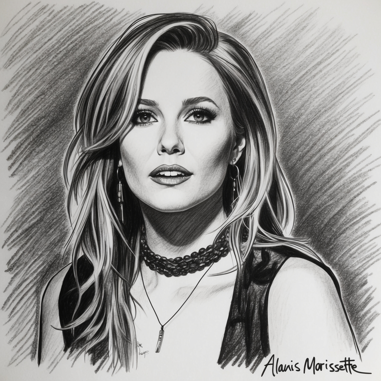 A charcoal, stylistic drawing of Alanis Morissette, capturing her in a black and white half-finished portrait style, emphasizing her expressive features and iconic persona.