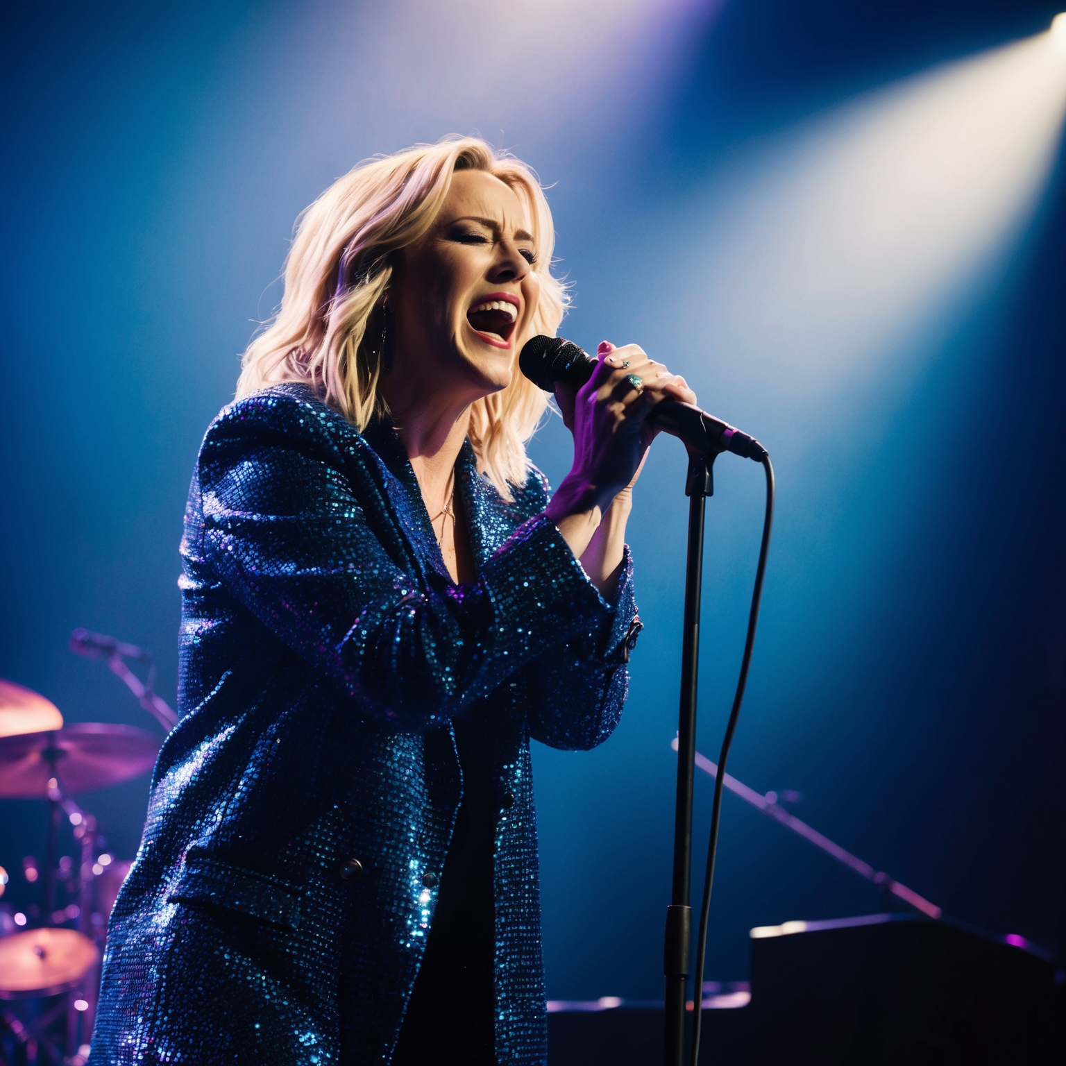 A vibrant image capturing the essence of live music performance, with a singer passionately performing under dramatic lighting, representing the powerful impact of 