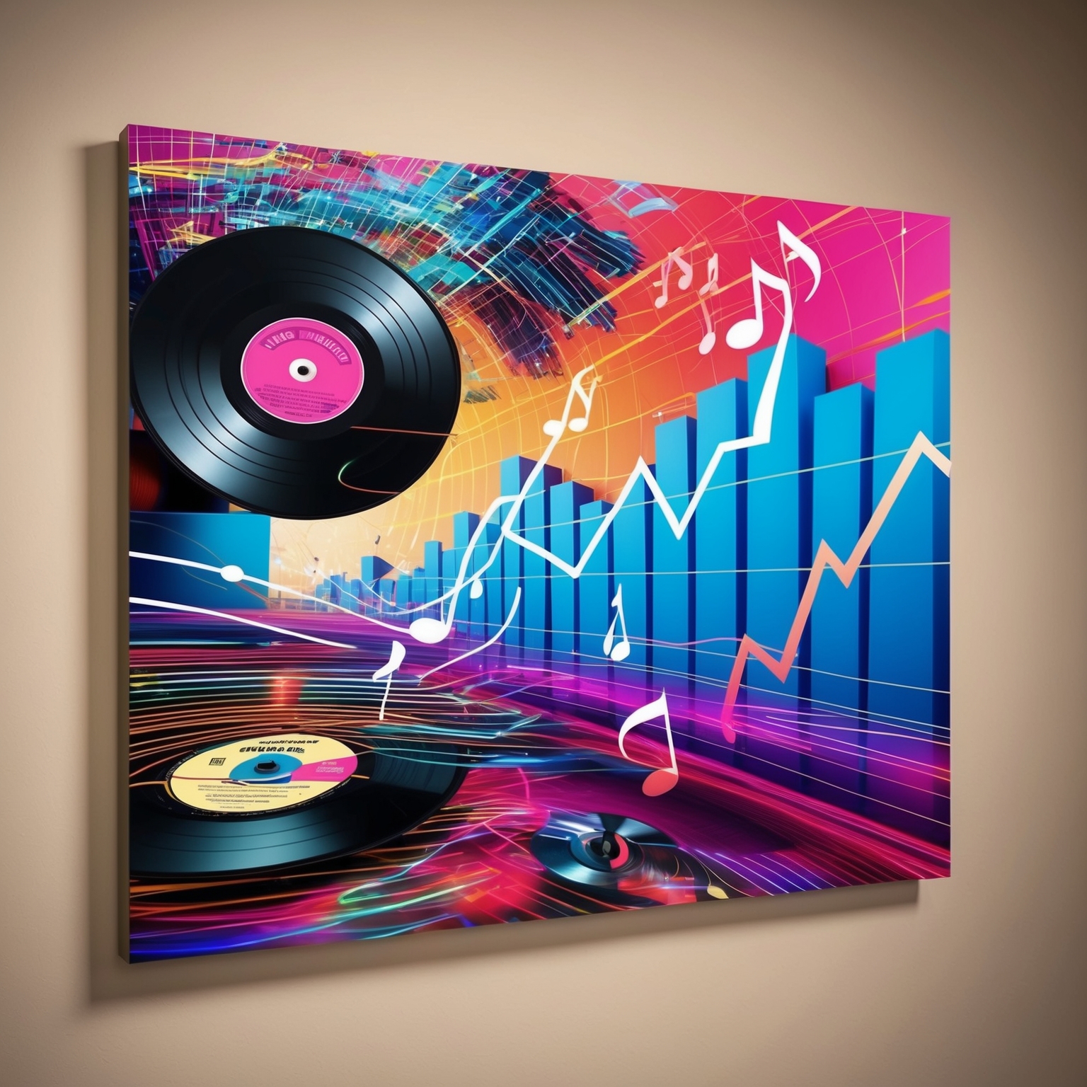 A vibrant 1990s music chart scene illustrating the rise of a song on the charts, with dynamic lines and abstract representations of music notes. Include elements like vinyl records, radio waves, and vibrant colors symbolizing the breakthrough of an iconic song.