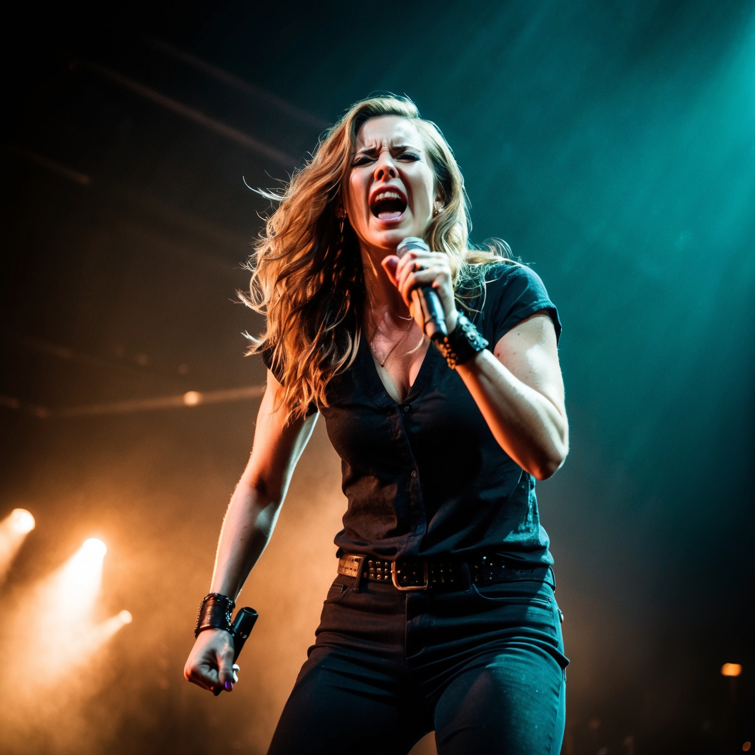 A dynamic concert scene with a female singer passionately performing on stage. Her expression is intense and emotional, reflecting themes of defiance and heartbreak. The stage is illuminated with dramatic lighting, enhancing the raw energy and emotional power of the performance. Mood: intense, gritty, evocative.