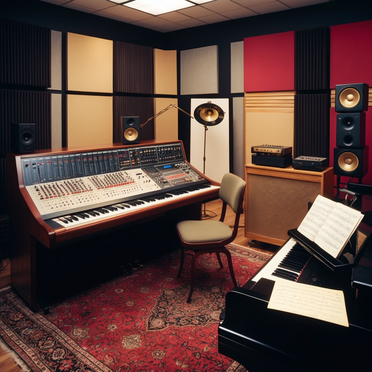 Create an image of a music studio setting, capturing the timeless essence and creative atmosphere of the 1990s. Include iconic music production elements like a vintage mixing console, a grand piano, and acoustic panels. Add touches of personal artifacts that reflect Glen Ballard