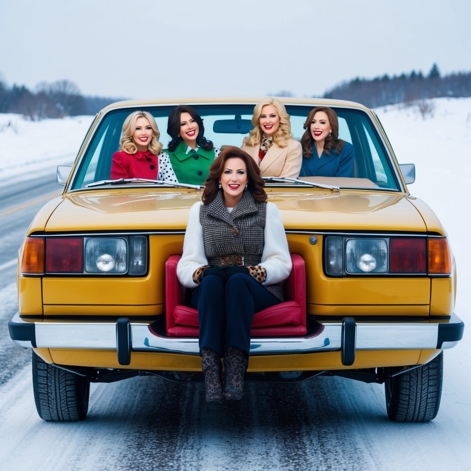 A car on a snowy, wintry road with multiple versions of the same woman inside, each dressed differently and exhibiting distinct personalities. The scene should capture a sense of irony and humor, reflecting an eclectic and artistic style.