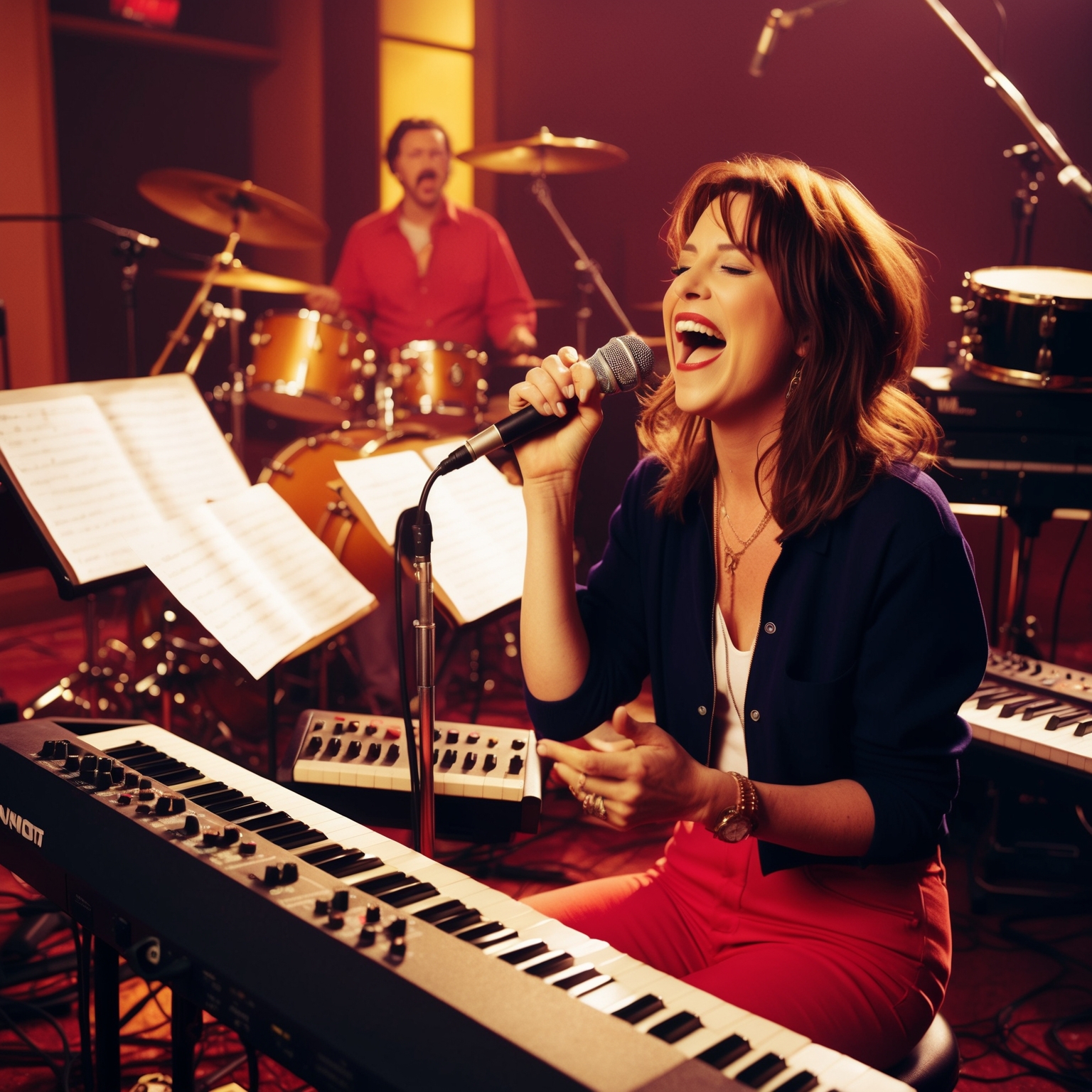 A vibrant scene inside a 1990s style recording studio with Alanis Morissette passionately singing into a microphone, surrounded by sheet music, electric and acoustic guitars, a drum set, and keyboards. The scene captures the lively creative process and the blend of instruments that contribute to the song