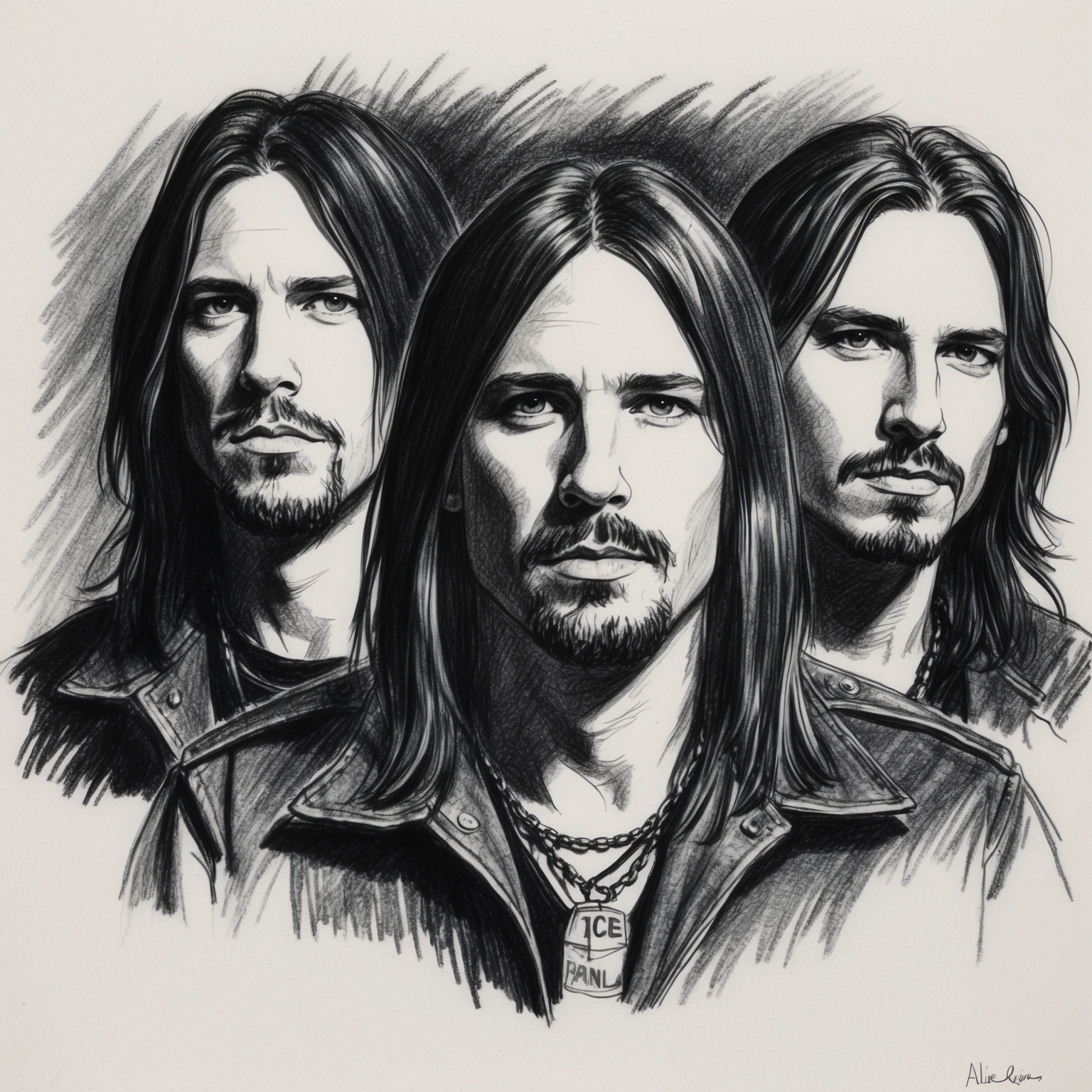 Create a black and white charcoal portrait of the band Alice In Chains with a half-finished feel, capturing their essence as icons of the grunge movement.